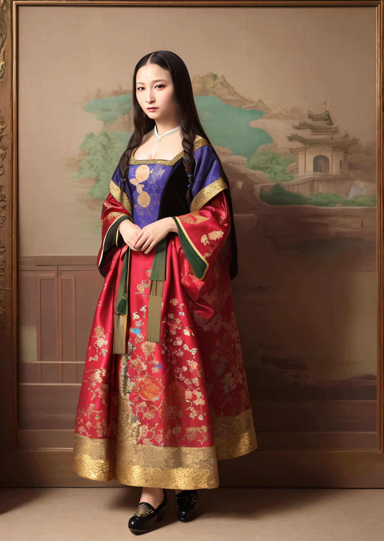 Mona Lisa dressed in Chinese folk costume, gentle expression, full body portrait, shoes, catwalk, masterpiece, highest quality, high quality, highly detailed CG unit 8k wallpaper, award winning photo, bokeh, depth of field, HDR, flood, chromatic aberration, realistic, very detailed, art station trend, CGsociety trend, complex, high detail, dramatic, midway art, volumetric lighting