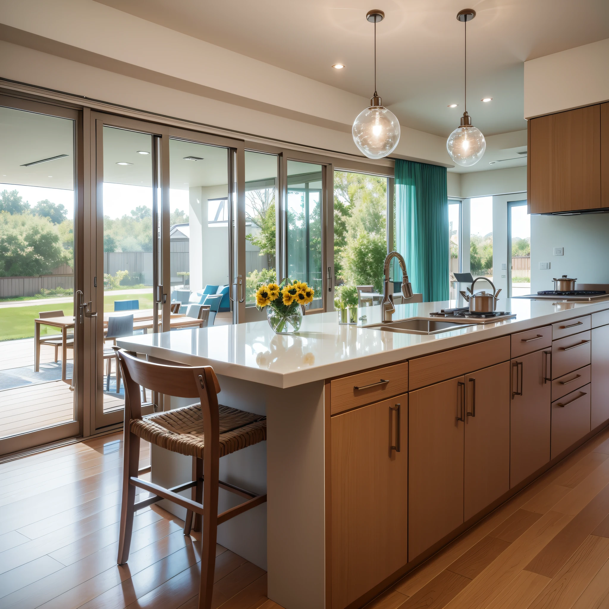 Realistic kitchen, with modern furniture of the latest generation, large windows, natural light and with a view of the pool of the house --auto --s2