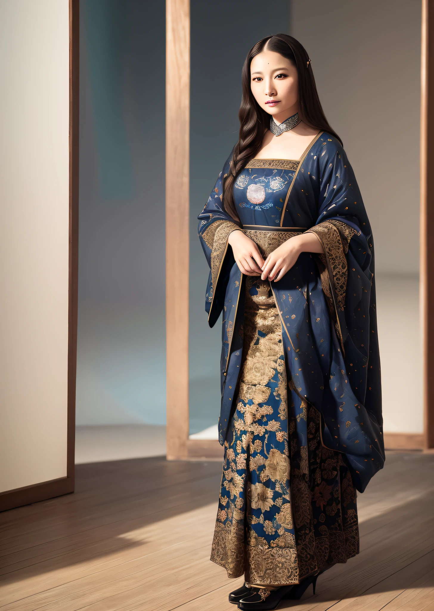 Mona Lisa dressed in Chinese folk costume, gentle expression, full body portrait, shoes, catwalk, masterpiece, highest quality, high quality, highly detailed CG unit 8k wallpaper, award winning photo, bokeh, depth of field, HDR, flood, chromatic aberration, realistic, very detailed, art station trend, CGsociety trend, complex, high detail, dramatic, midway art, volumetric lighting
