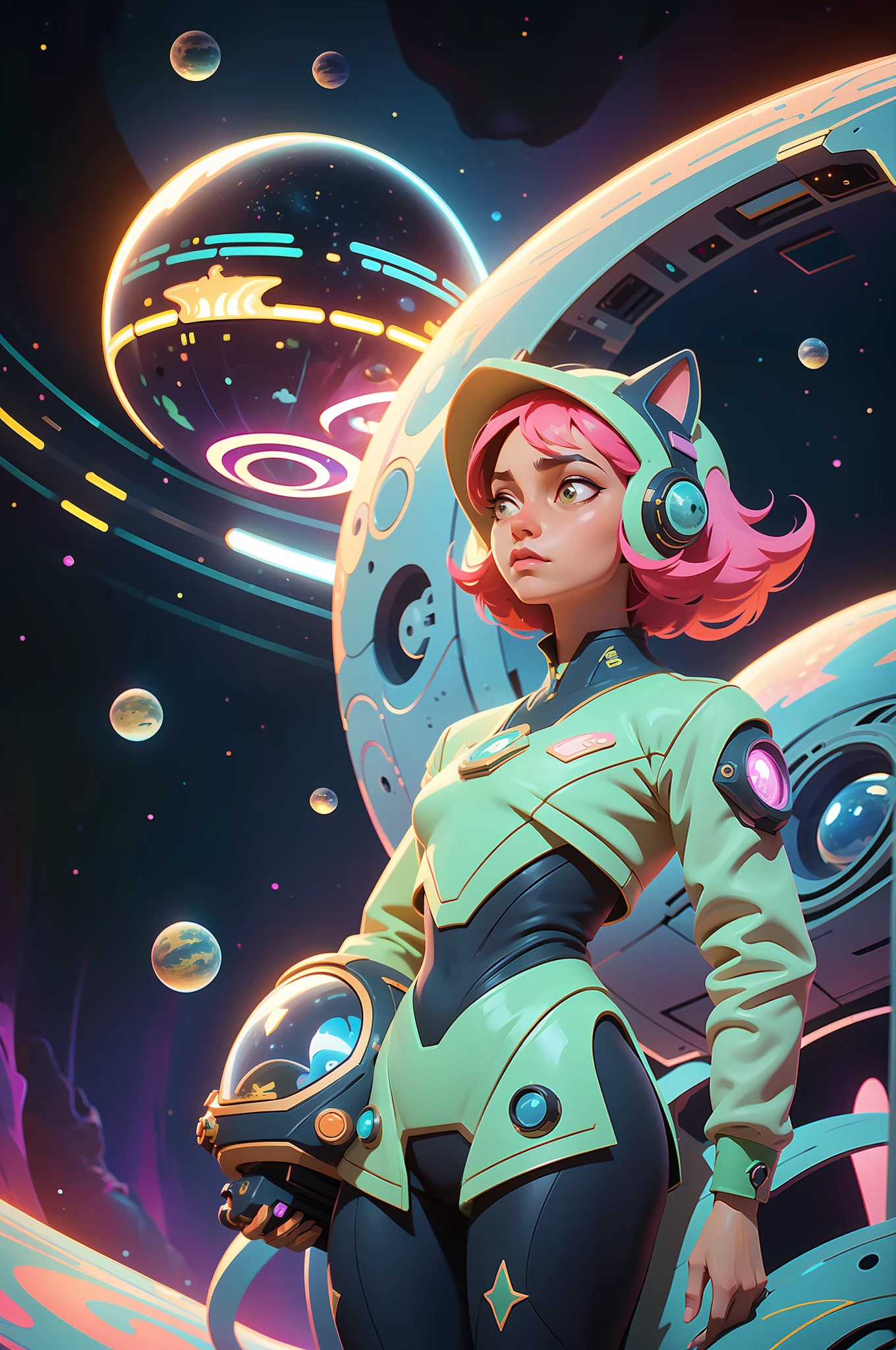 ((retro futurism theme)) 1girl, floating pose, fullbody(masterpiece:1.1), (best quality:1.1),Surreal , wearing a retro-futuristic spacesuit, with wacky alien like accessories, abstract ,galactic cat theme. Mecha cat ears, vibrant and bold colors, glowing neon effect, stunning,otherworldly effect, swirling shapes and patterns, stars, planets, cosmic dust , universe. cute and gorgeous girl gazing out at the vast expanse of space, she has a halo of light, spiritual and mystical connection to the cosmos,dreamlike ,imaginative, (extreme detailed, highest detailed, official art, beautiful),