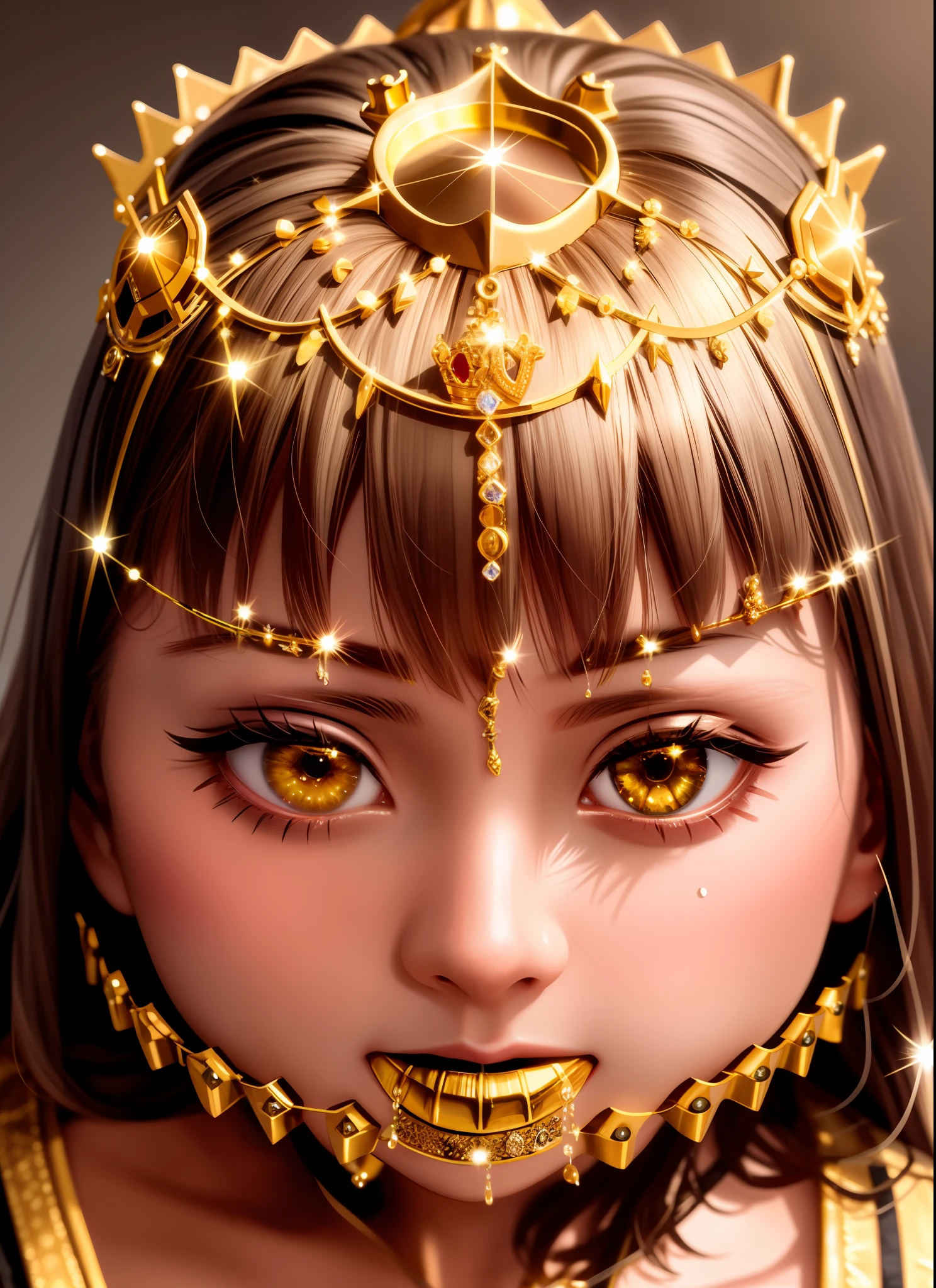 solo, 1girl, masterpiece, Ultra realistic, 4K, HD, makeup, gold crown with crystal in the middle of forehead, tear dripping from the eye