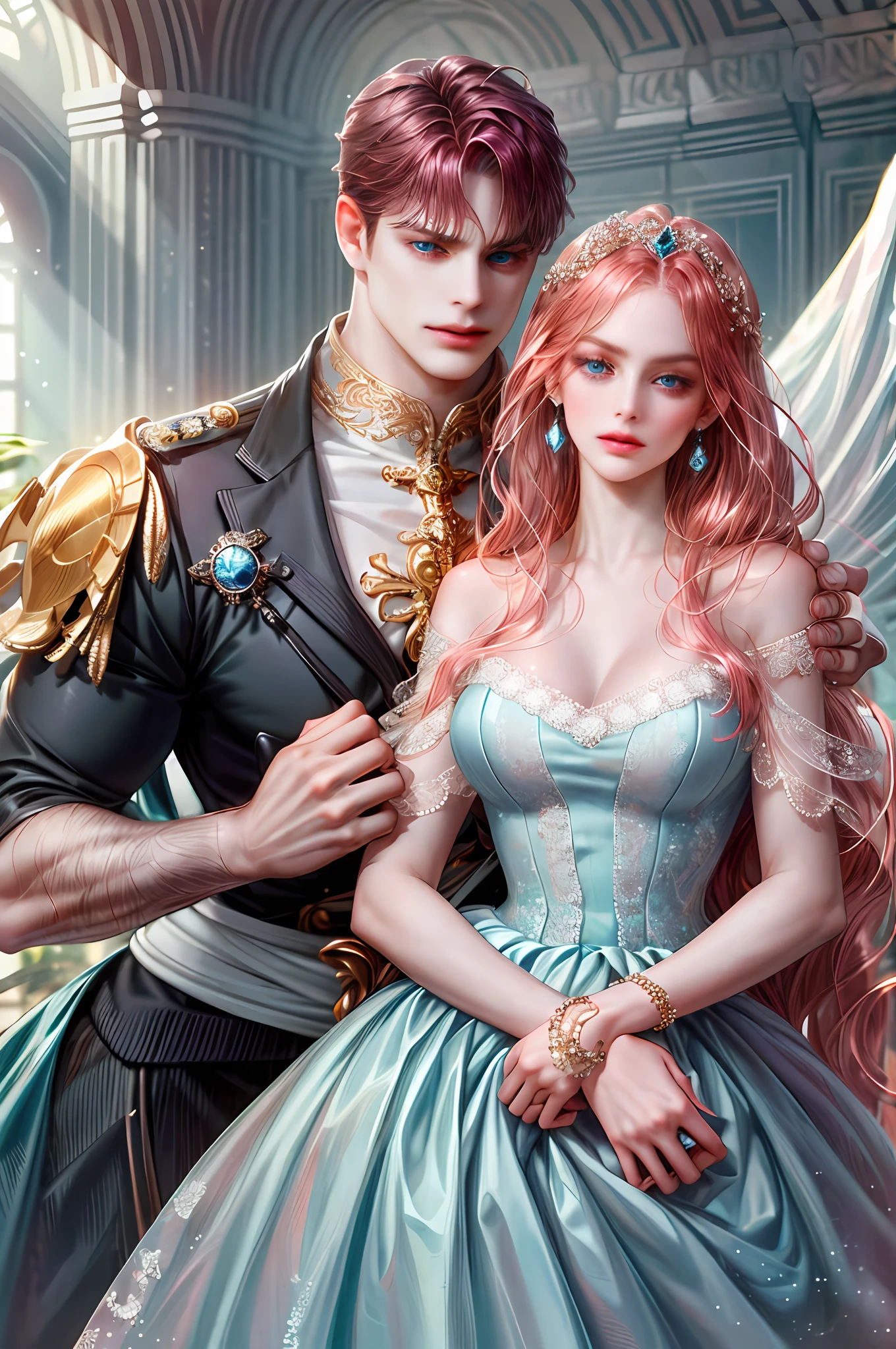 ( High quality , ultra detailed, careful with hand )Zodiac - Cancer goddess , similar to latin goodness , Intelligent, crafty, rational, strong-willed face , Tenacious, moody, irritable, oppressive style , ocean blue eyes(eyes detail), dark pink hair , elegant dress , in the ballroom with partner , height difference. whole body , innocent make up look ,