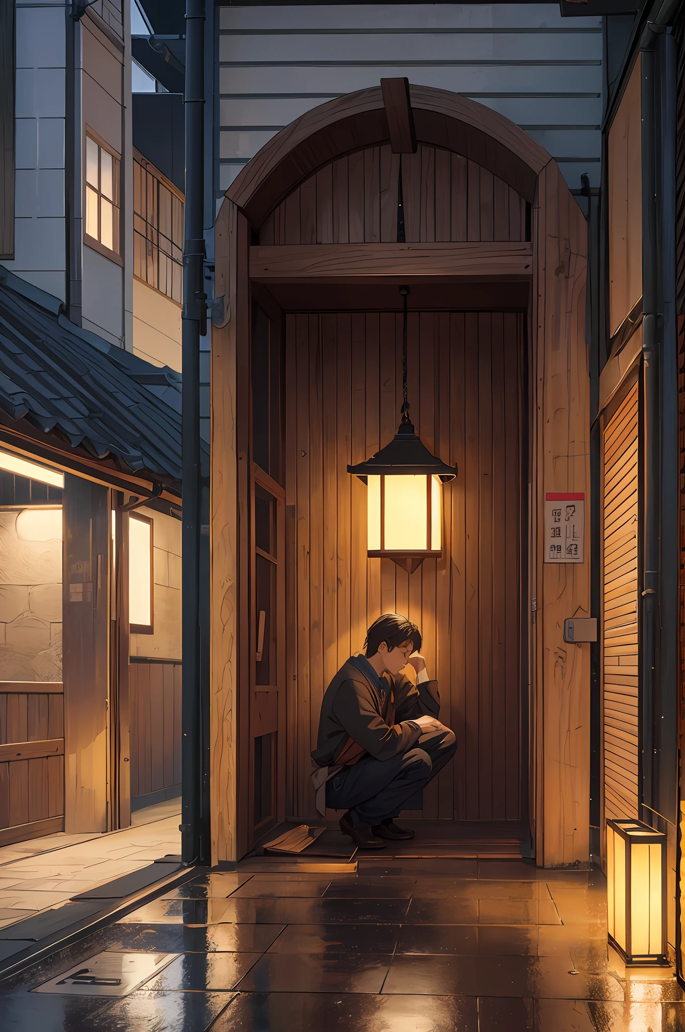 (masterpiece, top quality, highest quality, official art, beautiful and aesthetic: 1.2), very detailed, highest detail, night, rain, wet ground, ((in the dark, small rain shelter space leaking orange light, wooden, tiled roof: 1.2)), tired man taking shelter from the rain, crouching, mysterious, retro building, mysterious atmosphere, Japan street corner