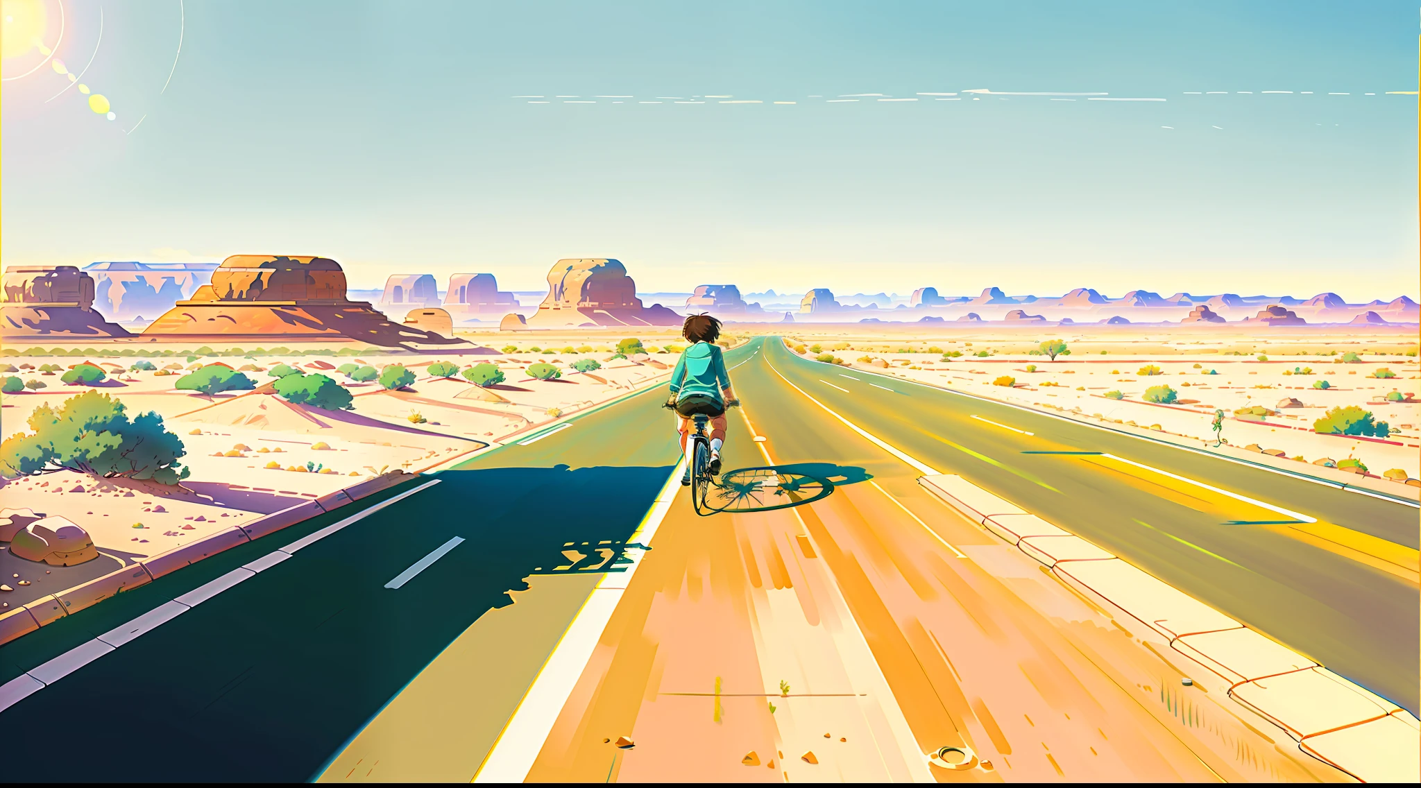 (bike: 1.5), (realistic bike: 1.5), (realistic cyclist: 1.5), front-end cyclist, route 66, USA, desert, lofi landscape, sun, landscape background, shadows, contrast, makoto shinkai (Best Quality:1.3), (Highres:1) Art by Studio Ghibli Style, Impressionism, Solitude
