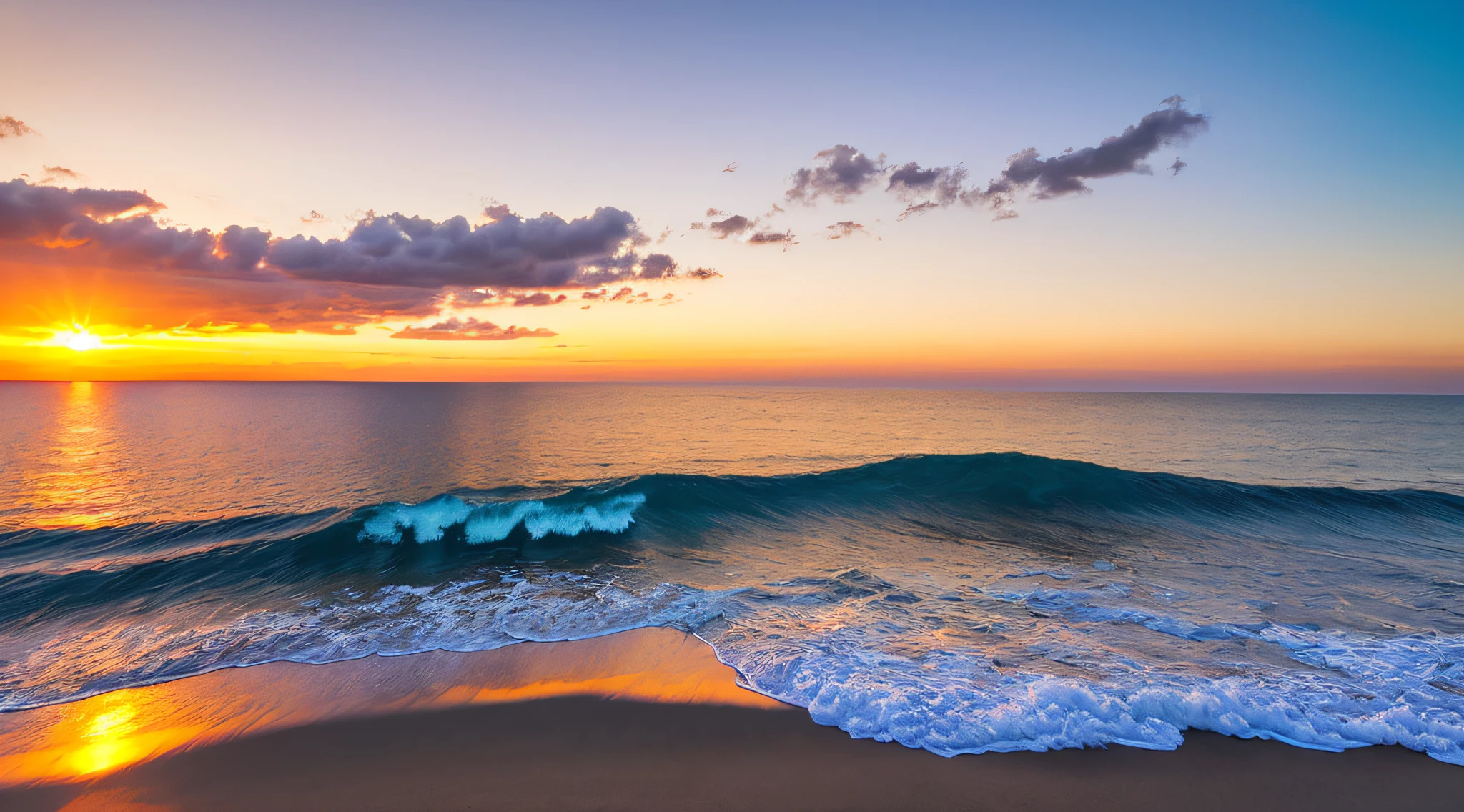 realistic photo wind, reality, sunset beach, very beautiful sunset, more delicate, island beyond the horizon, uninhabited, cloudless sky, gentle waves, sunset reflected on the surface of the water,