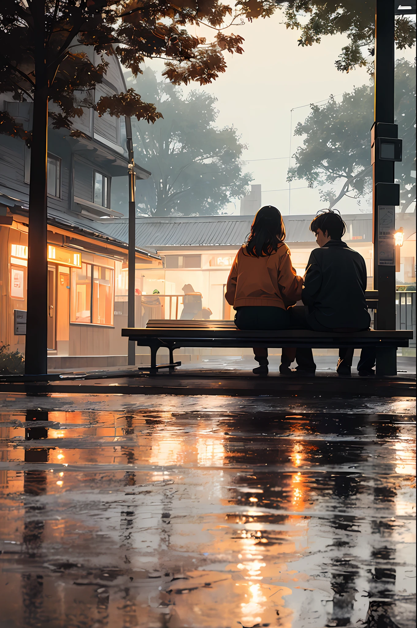 (masterpiece, top quality, highest quality, official art, beautiful and aesthetic: 1.2), very detailed, highest detail, night, rain, wet ground, (((in the dark, an intimate looking pair of men and women sitting on a bench in a small rain shelter space leaking orange light: 1.2)), black-haired, mysterious, (retro building, roofed, wooden)), mysterious atmosphere, ((sitting on a bench: 1.2)), close-up of the figure, Orange light, composition from behind