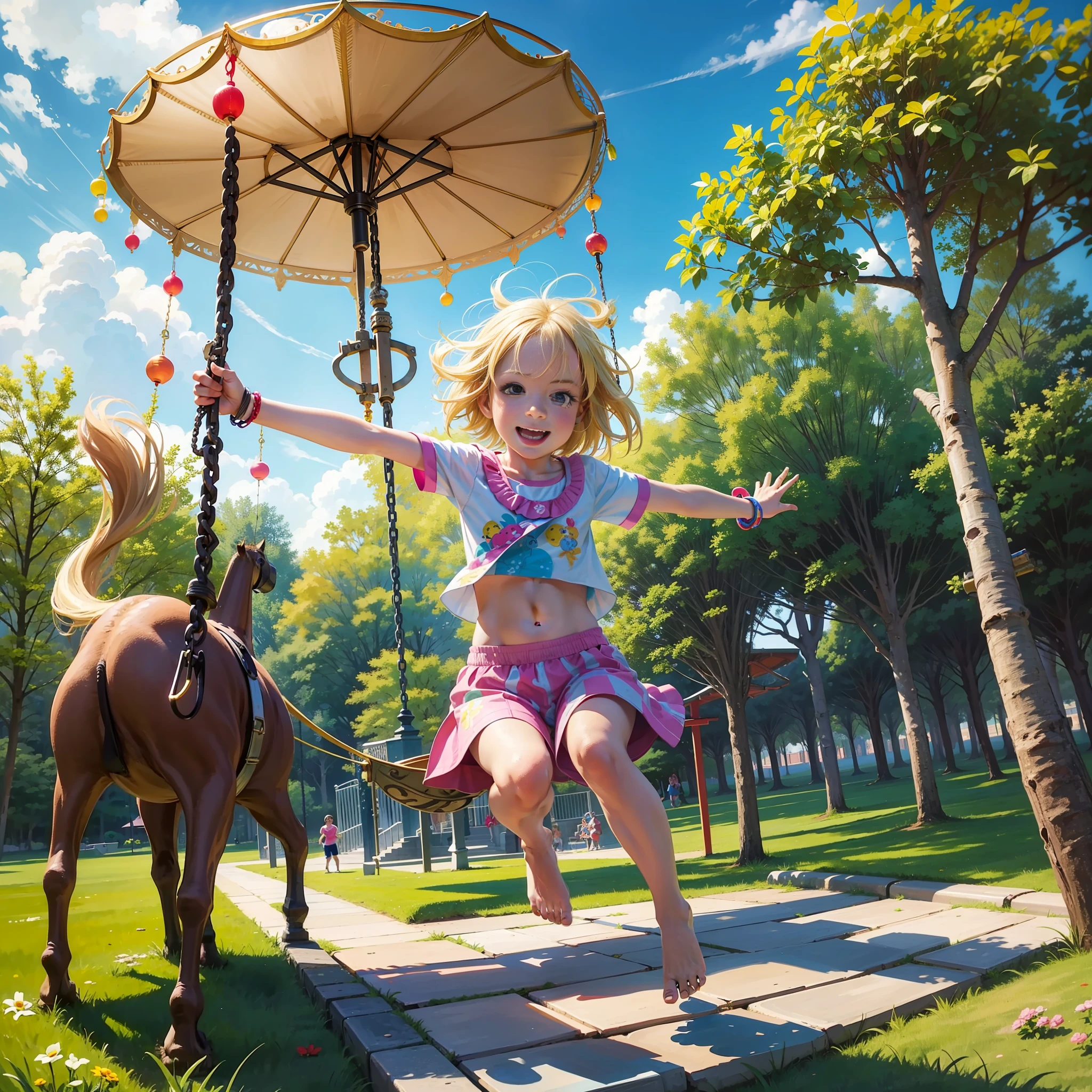 "A of about 6 yearsh bright blond hair, perfect face, is running happily in a sunny park. She's wearing colorful clothes and she's barefoot. The child is havin on a swing, with a slide and a carousel in the background. The image is full of energy and captures the fun and vibrant atmosphere of the park.