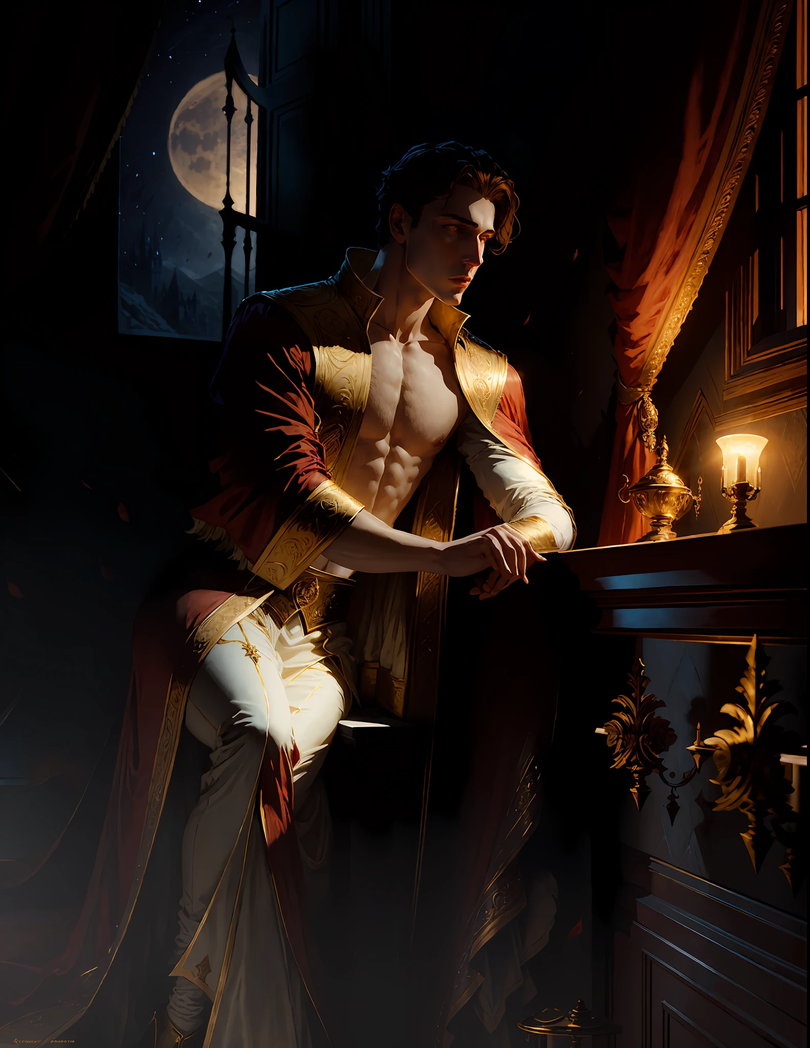 masterpiece, highest quality, (solo focus), (perfect face: 1.1), (high detail: 1.1), dramatic, 1guy, (pale skin), Dracula from the Netflix animation Castelvania, he is sitting near the window of his castle, observing the beauty of a red eclipse, moon, night, white luxury suit, navel covered, pouty's lips, (beauty marks), palace,art by artgerm and greg rutkowski, cinematic lighting, roses, suggestive