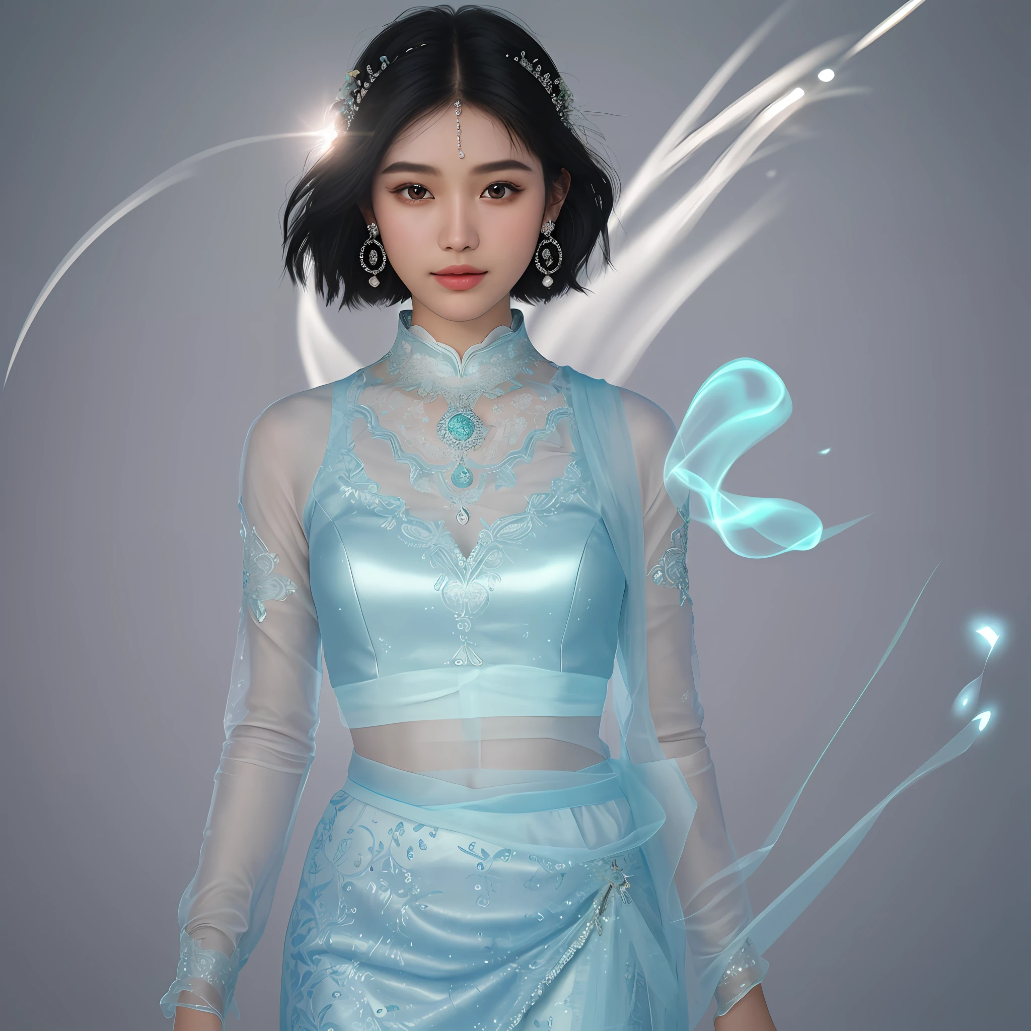 Full, (Goddess-like Happiness: 1.2), Myanmar Idol, (RAW Photo: 1.2), (Realism: 1.4), (Masterpiece: 1.3), (Exquisite Detail: 1.2), Delicate and Beautiful Details, (((short hair))),(((glow skin))),circular iris, (Eye Details), (Facial Details), (20-year-old female), Petite, Big, Thin Waist, Skin Tightness, (looking_at_viewer), (Floating : 1.2), Dynamic Pose, Large Circle Earrings, slim_legs, (Best Quality: 1.4), (32k Resolution), Cinema Light, (Highly Detailed Illustration), (Lip Gloss, Eyelashes, Best Quality, Ultra High Resolution, Depth of Field, Caustics, Wide Light, Natural Shadows, 85mm, f/1.4, ISO 200, 1/160s: 0.75),