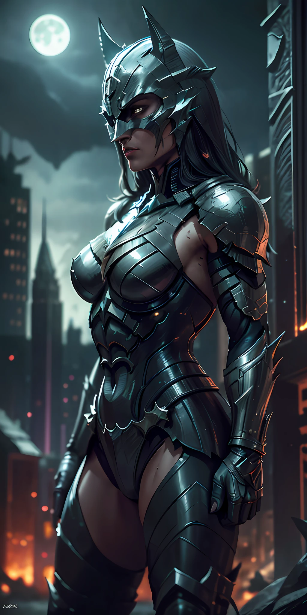 Batman from the dark knight stands imposing in a gothic lost city. Moonlight highlights your muscles and scars. The scenery is lush and mysterious, with futuristic tech and surroundings. The camera details everything, a warrior woman, in front of him.