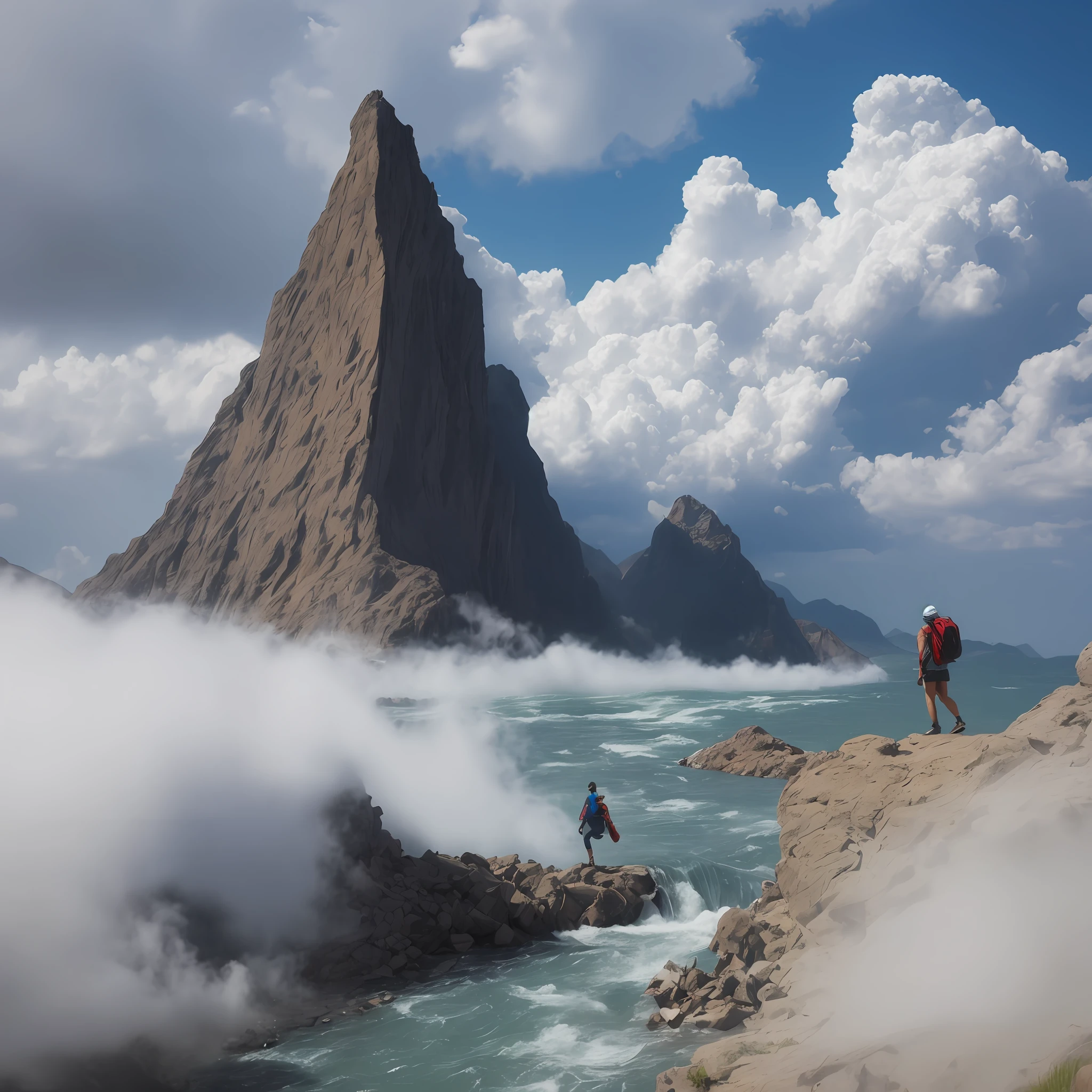 Create an image of overcoming: a person a person in an inhospitable, unreachable environment, with blue sky and white clouds in the background. The person should be carrying a heavy backpack, symbolizing the challenges and difficulties we face in the search for self-knowledge. The image should convey the idea that despite the obstacles, the journey is worth it and can lead to a state of balance and inner peace. , environment with divine aurea, with a beautiful river in a dazzling passion being part of the image, standard photo RAW --auto --s2