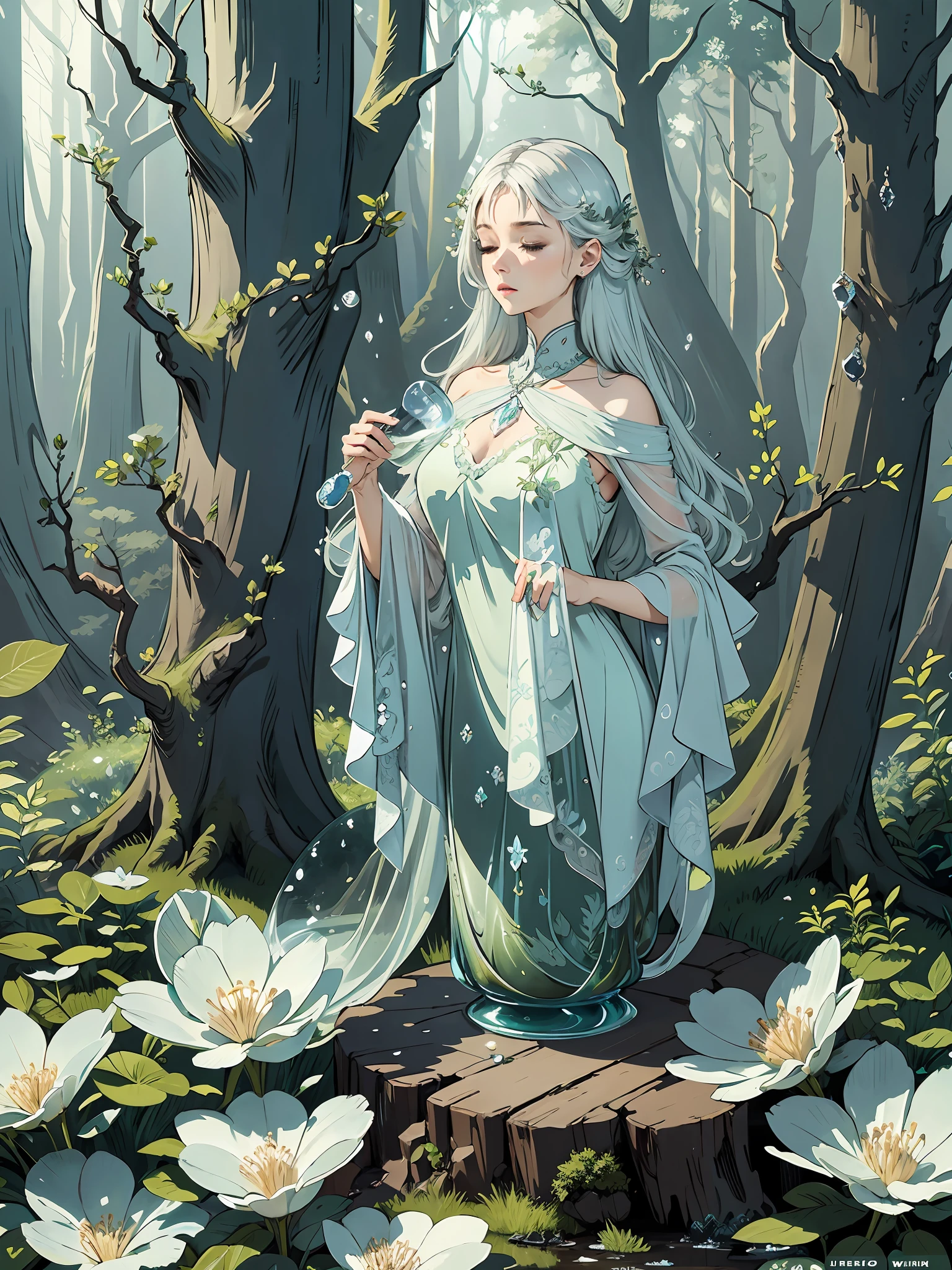 Design a perfume bottle inspired by a misty forest. Keywords: Enchanting, ethereal, mystical, nature, tranquility. Aesthetic: The design should capture the magical essence of a misty forest. Incorporate elements such as swirling mists, delicate foliage, and ethereal lighting. The bottle should have a sleek and modern silhouette, with smooth curves and a translucent appearance to evoke a sense of mystery. Consider adding subtle texture and shimmering accents to enhance the enchanted forest theme. Color Palette: Use a palette of soft and cool tones, including shades of green, blue, and gray, to mimic the misty atmosphere of the forest. Add hints of silver or iridescent hues to represent the magical elements. --auto --s2