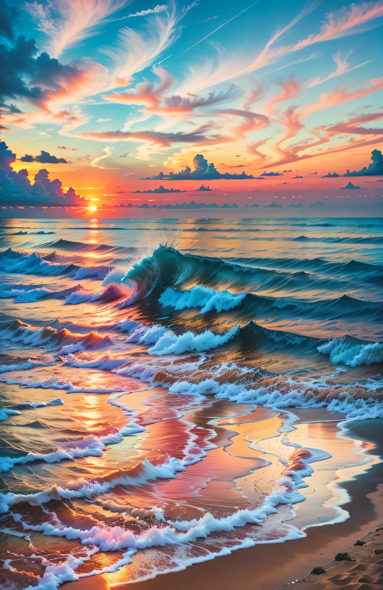 An absolutely mesmerizing sunset over the beach, with a blend of oranges, pinks, and yellows filling the sky. Crystal-clear waters of the sea gently kissing the shore, with sandy white beach stretching far and wide. The scene is dynamic and breathtaking, with seagulls soaring high in the sky and gently swaying palm trees. Take in the calming atmosphere and let the peacefulness wash over you.