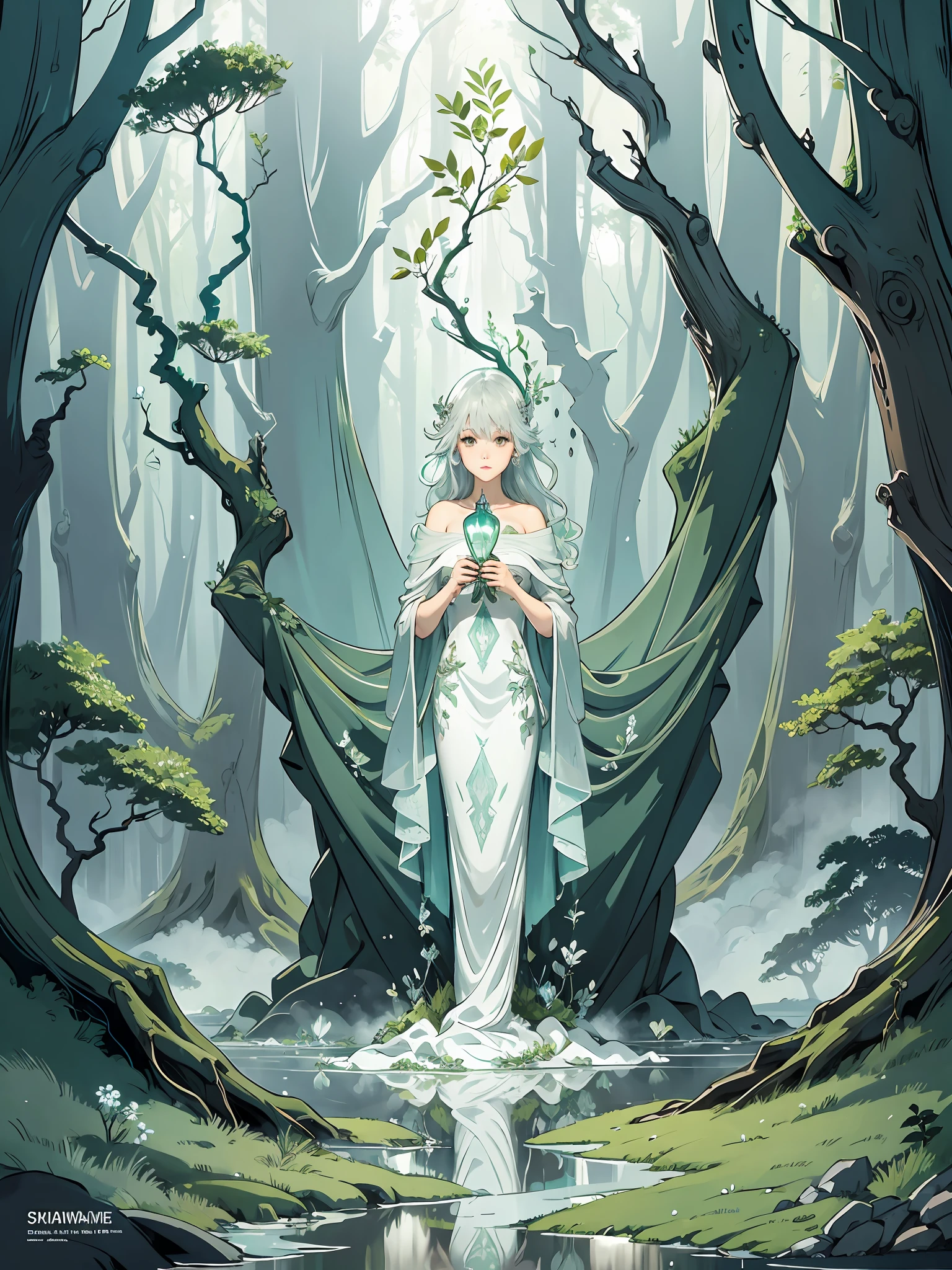 Design a perfume bottle inspired by a misty forest. Keywords: Enchanting, ethereal, mystical, nature, tranquility. Aesthetic: The design should capture the magical essence of a misty forest. Incorporate elements such as swirling mists, delicate foliage, and ethereal lighting. The bottle should have a sleek and modern silhouette, with smooth curves and a translucent appearance to evoke a sense of mystery. Consider adding subtle texture and shimmering accents to enhance the enchanted forest theme. Color Palette: Use a palette of soft and cool tones, including shades of green, blue, and gray, to mimic the misty atmosphere of the forest. Add hints of silver or iridescent hues to represent the magical elements. --auto --s2
