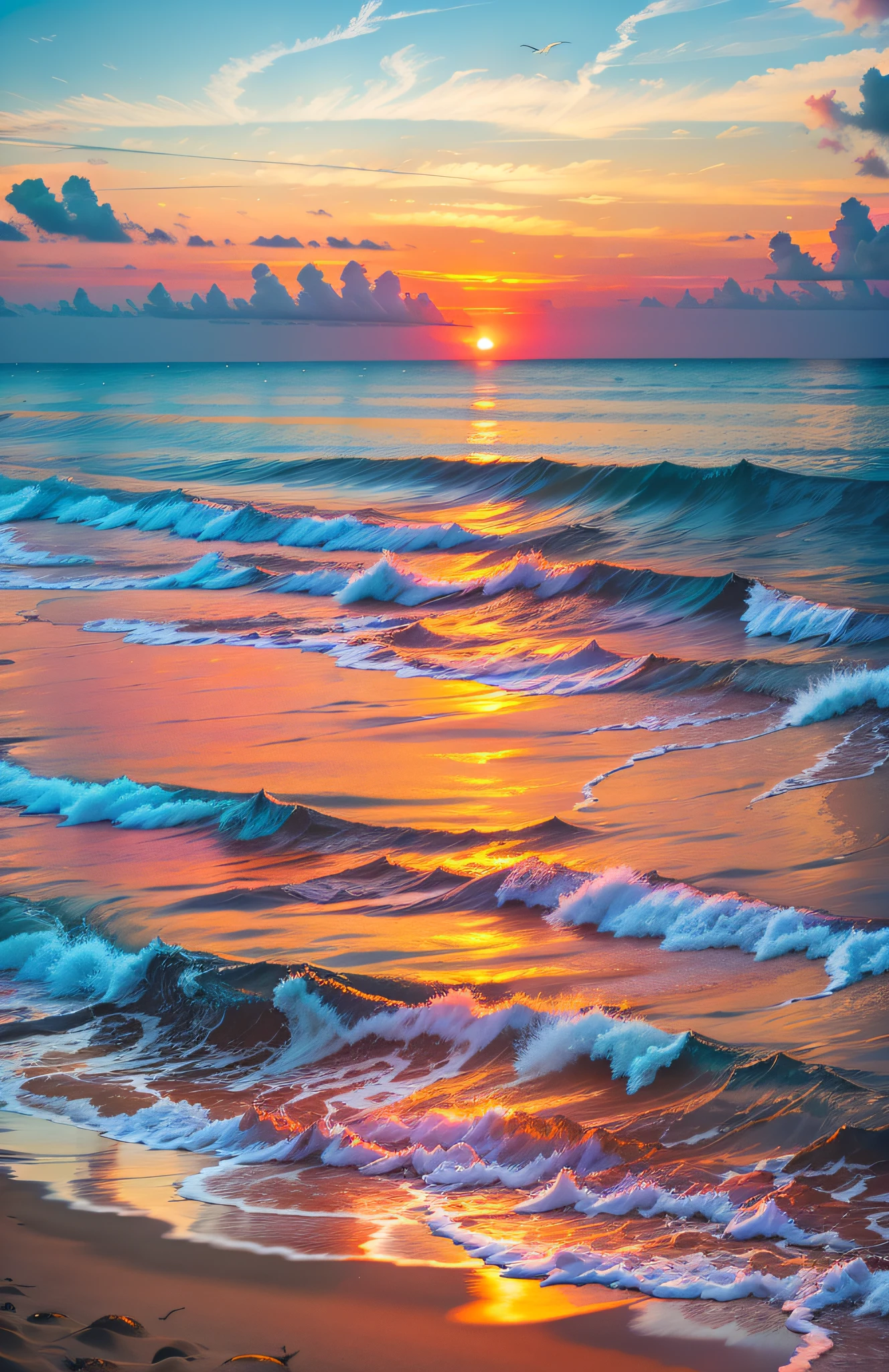 An absolutely mesmerizing sunset over the beach, with a blend of oranges, pinks, and yellows filling the sky. Crystal-clear waters of the sea gently kissing the shore, with sandy white beach stretching far and wide. The scene is dynamic and breathtaking, with seagulls soaring high in the sky and gently swaying palm trees. Take in the calming atmosphere and let the peacefulness wash over you.