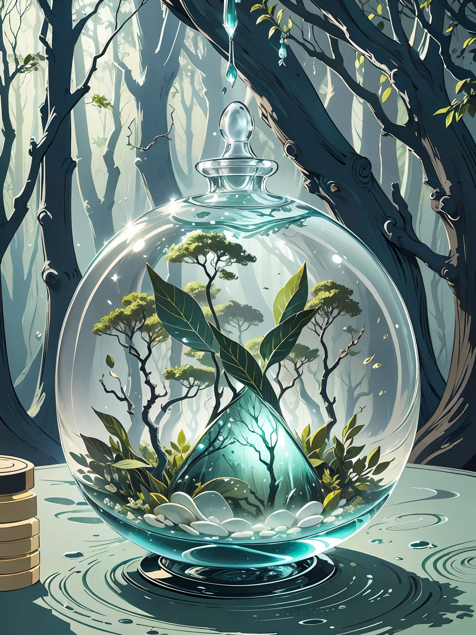 Design a perfume bottle inspired by a misty forest. Keywords: Enchanting, ethereal, mystical, nature, tranquility. Aesthetic: The design should capture the magical essence of a misty forest. Incorporate elements such as swirling mists, delicate foliage, and ethereal lighting. The bottle should have a sleek and modern silhouette, with smooth curves and a translucent appearance to evoke a sense of mystery. Consider adding subtle texture and shimmering accents to enhance the enchanted forest theme. Color Palette: Use a palette of soft and cool tones, including shades of green, blue, and gray, to mimic the misty atmosphere of the forest. Add hints of silver or iridescent hues to represent the magical elements. --auto --s2