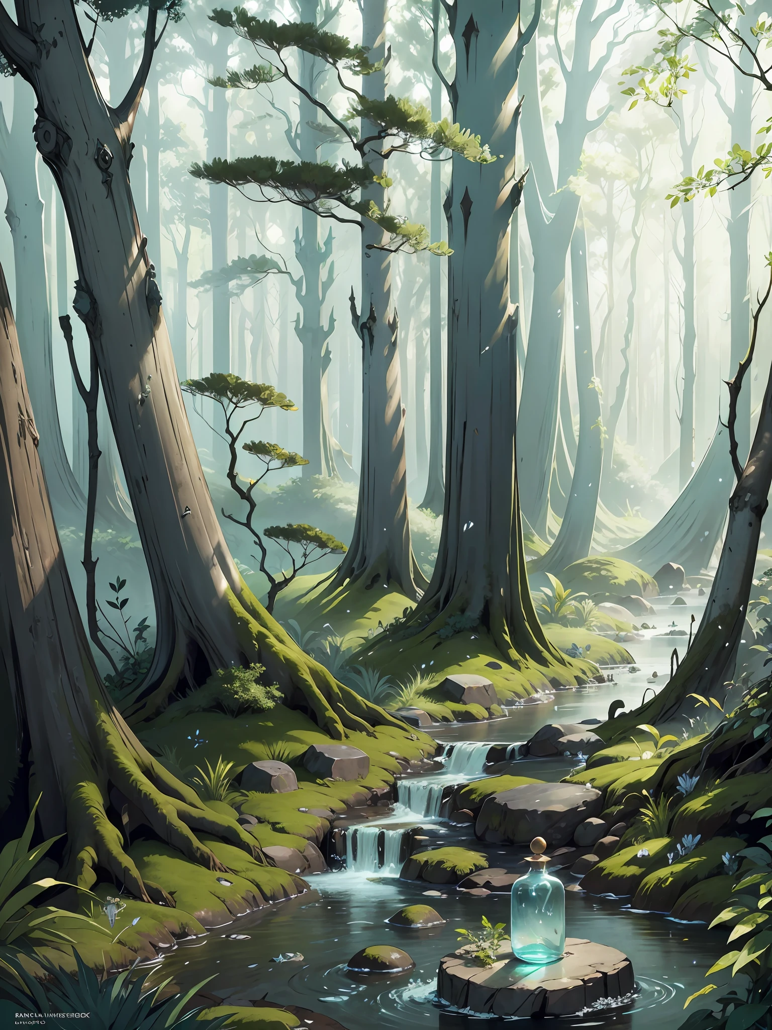 Design a perfume bottle inspired by a misty forest. Keywords: Enchanting, ethereal, mystical, nature, tranquility. Aesthetic: The design should capture the magical essence of a misty forest. Incorporate elements such as swirling mists, delicate foliage, and ethereal lighting. The bottle should have a sleek and modern silhouette, with smooth curves and a translucent appearance to evoke a sense of mystery. Consider adding subtle texture and shimmering accents to enhance the enchanted forest theme. Color Palette: Use a palette of soft and cool tones, including shades of green, blue, and gray, to mimic the misty atmosphere of the forest. Add hints of silver or iridescent hues to represent the magical elements. --auto --s2