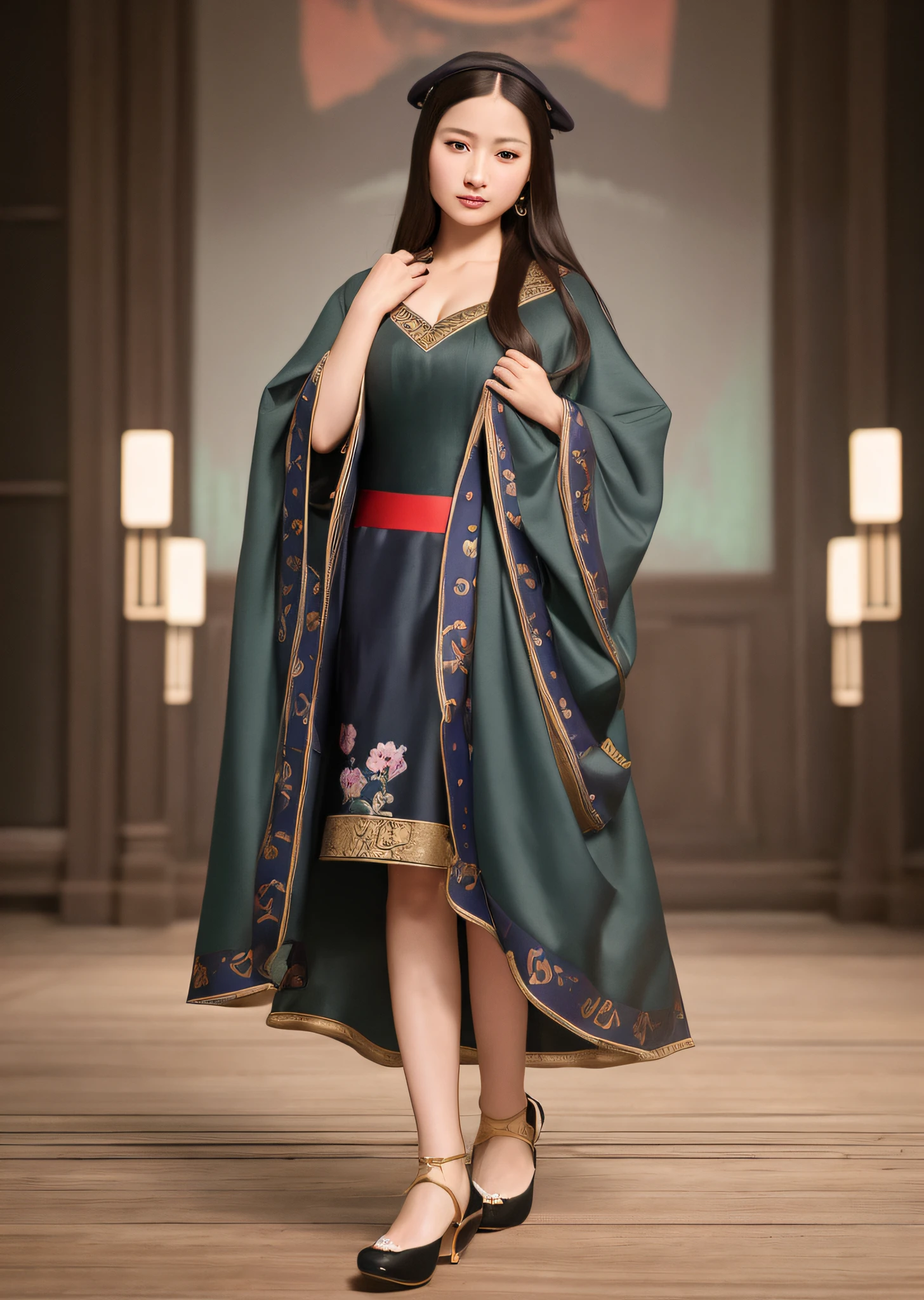 Mona Lisa dressed in Chinese peasant costume, gentle expression, full body portrait, shoes, catwalk, masterpiece, highest quality, high quality, highly detailed CG unit 8k wallpaper, award winning photo, bokeh, depth of field, HDR, flood, chromatic aberration, realistic, very detailed, art station trend, CGsociety trend, complex, high detail, dramatic, midway art, volumetric lighting