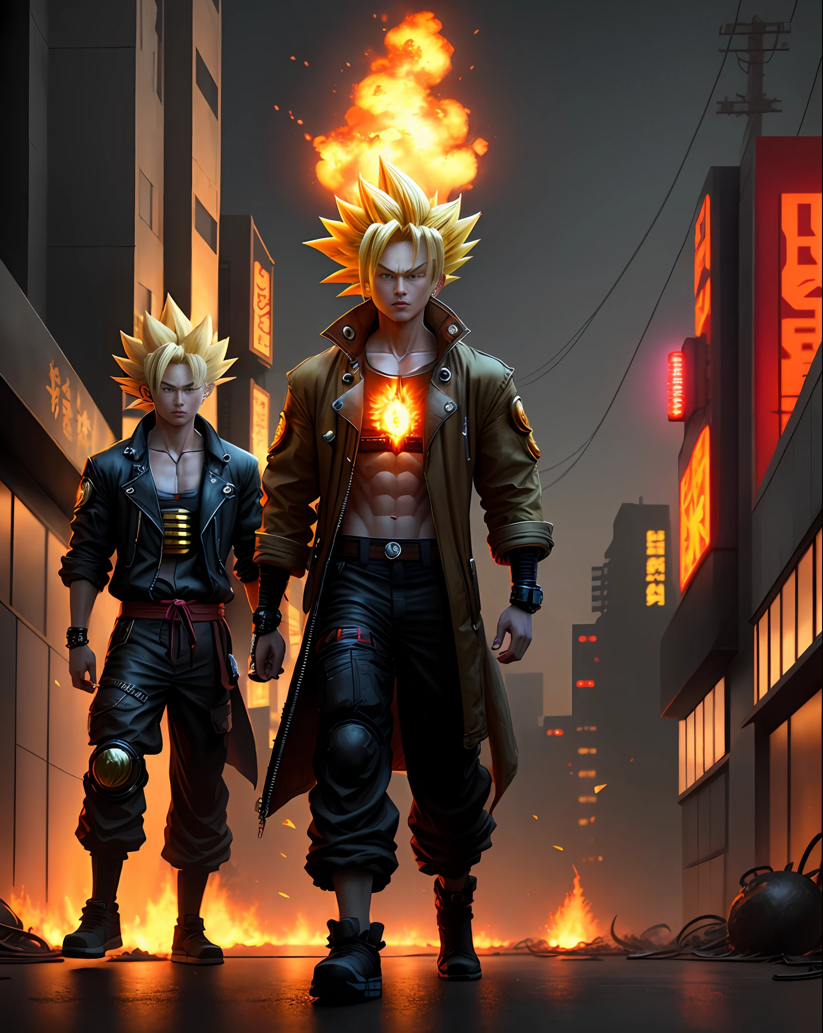A (fusion of super sayajin 4) standing on a street of a Cyberpunk city, fire, dust everywhere, destruction, epic image in best possible resolution, 8k, ultra detailed, very realistic, depth of field, a work of art, --style Fantasy --