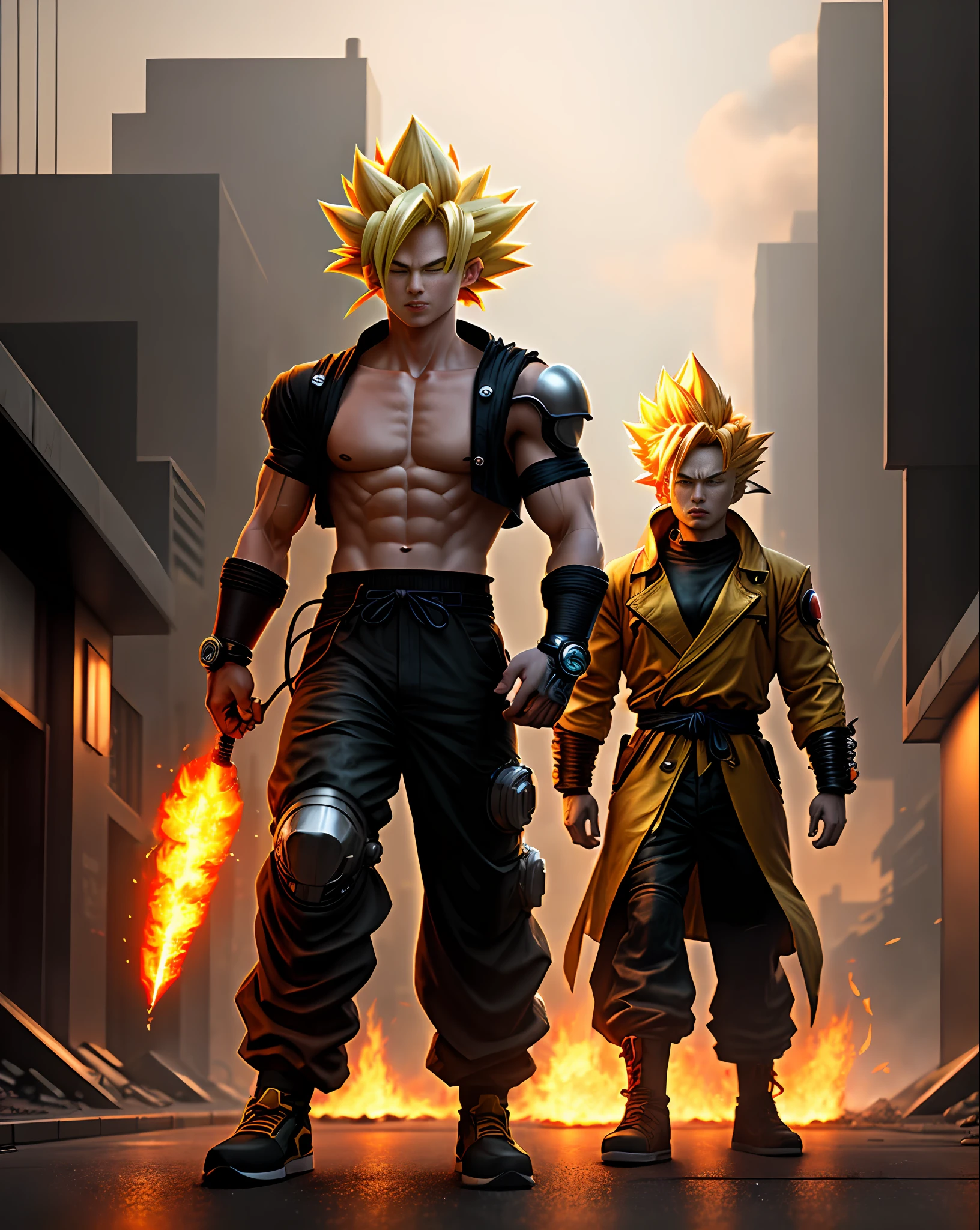 A (fusion of super sayajin 4) standing on a street of a Cyberpunk city, fire, dust everywhere, destruction, epic image in best possible resolution, 8k, ultra detailed, very realistic, depth of field, a work of art, --style Fantasy --