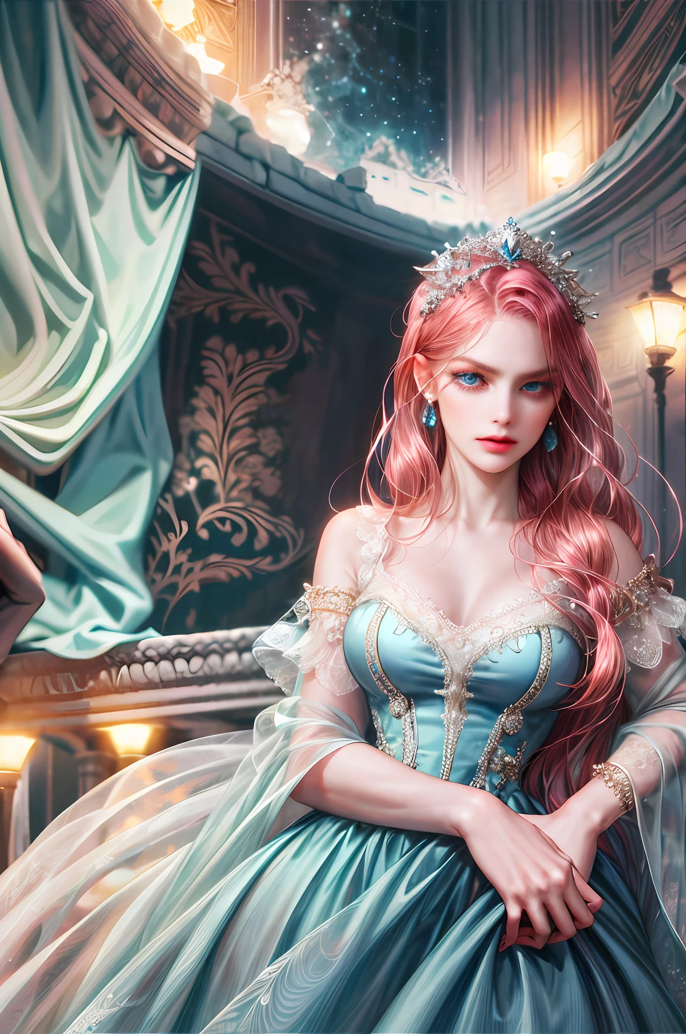 ( High quality , ultra detailed, careful with hand )Zodiac - Cancer goddess , similar to latin goodness , Intelligent, crafty, rational, strong-willed face , Tenacious, moody, irritable, oppressive style , ocean blue eyes(eyes detail), dark pink hair , elegant dress , in the ballroom with partner , height difference. whole body , innocent make up look ,