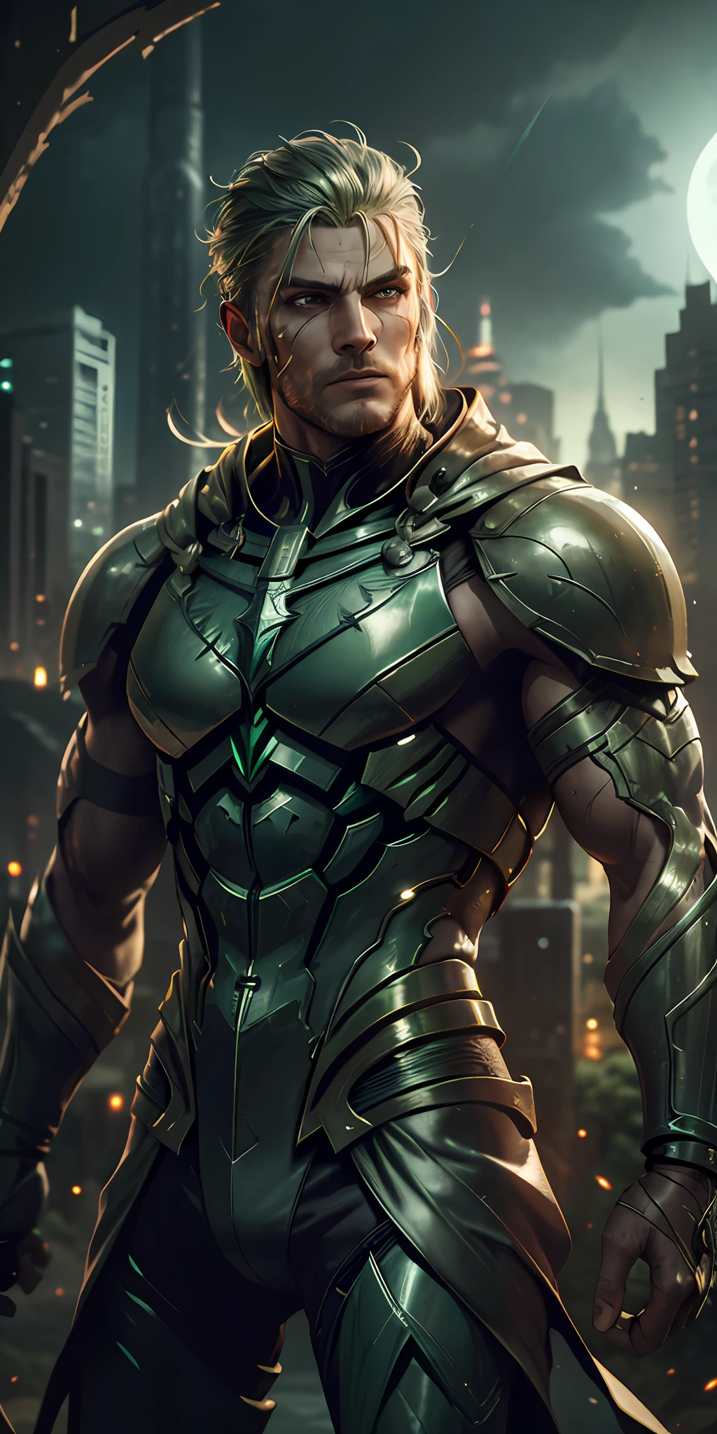 Green arrow stands imposing in a gothic lost city. Moonlight highlights your muscles and scars. The scenery is lush and mysterious, with futuristic tech and surroundings. The camera details everything, a warrior, in front of him.