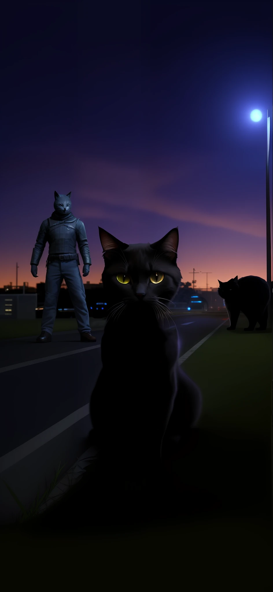 there is a cat sitting on the ground next to a man, the dark god of cats, demon cat, scary creatures in the background, giant cat monster, void cat, cat the killer, hyperrealistic nightmare scene, inspired by Clark Voorhees, michael myers, ultra realistic image, danger lurking in the night, man-cat, composition, cat ,8k, high definition,  hyper-realistic, + cinematic shot + dynamic composition, incredibly detailed, sharpness, detail details + night with light + perfectionism + award-winning realism ((ambient lighting))