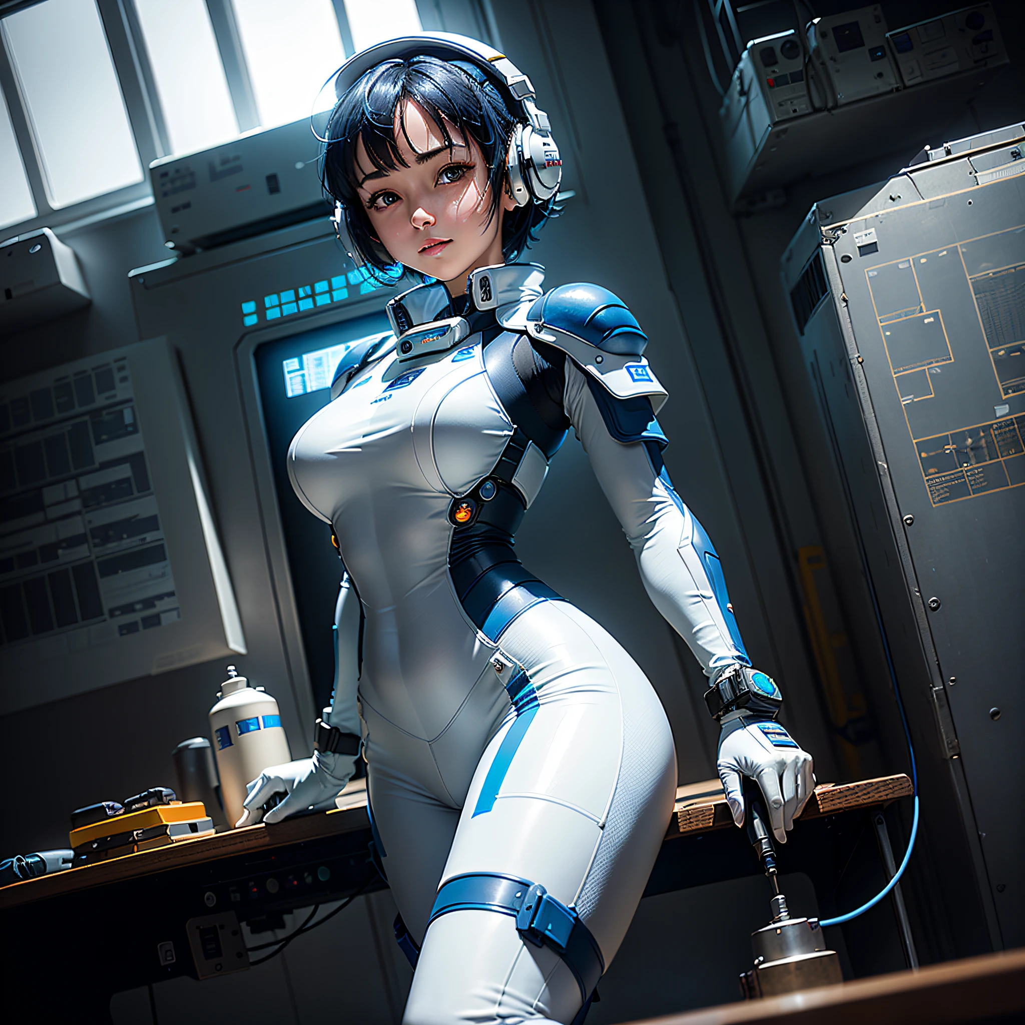 (masterpiece, highest quality, highest resolution, distinct_image, very elaborate CG, cinematic lighting, ray tracing, drop shadows, detailed detail, (photorealistic: 1.4), high quality textures, fine-grained, realistic face expression): (lone girl, face is Japan, short blue hair, small size breasts, sparkling eyes, Eye level shots, white and blue color flight suits, tight-fitting clothes, full-body clothing, light smile, beauty, slim body, exoskeleton, heroine, headset, long boots, gloves, control panels, tools, safety devices, radar equipment, touch panels, various indicators, control sticks, levers, computer keyboard, warning lights, fuel gauges, pressure gauges, control towers outside the window)