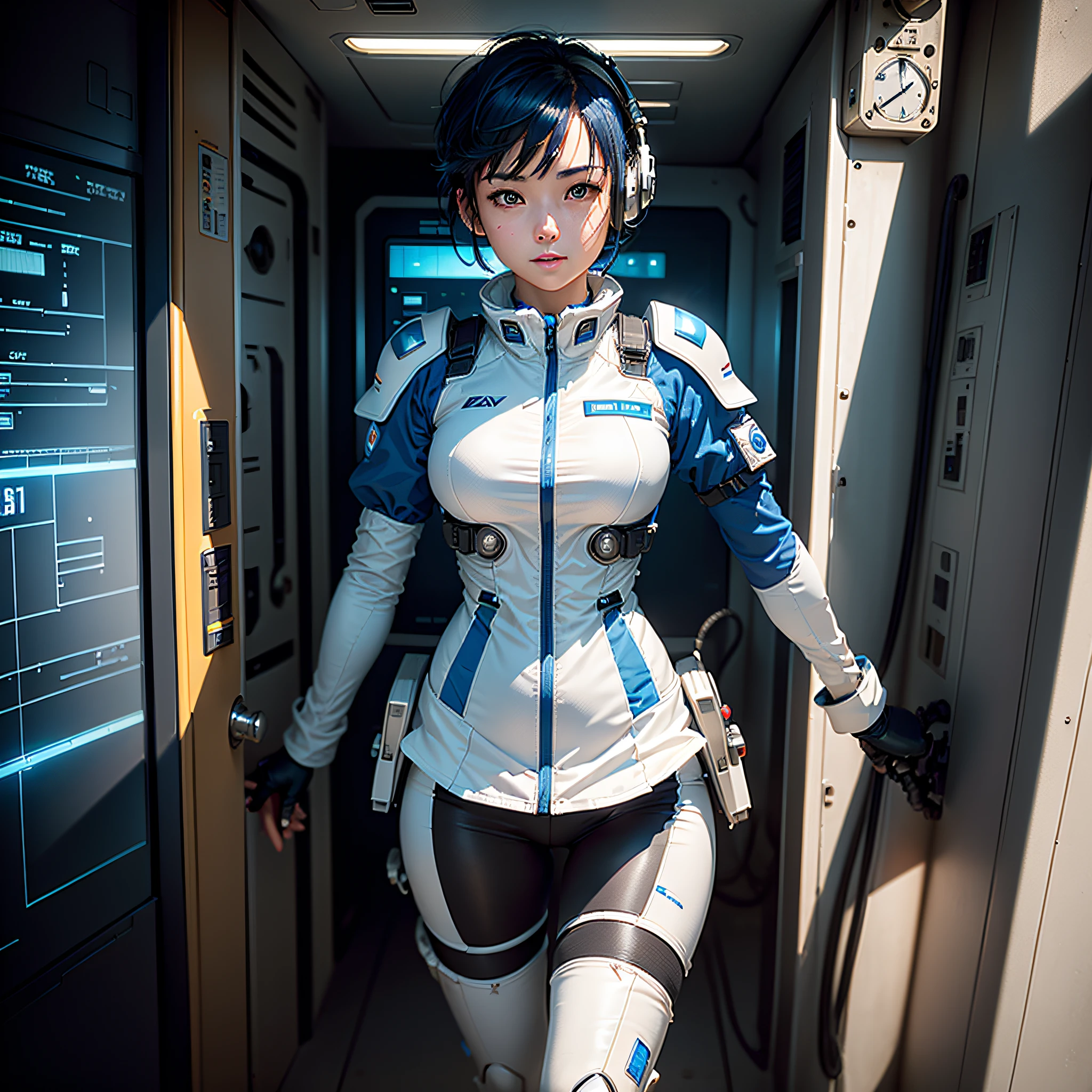 (masterpiece, highest quality, highest resolution, distinct_image, very elaborate CG, cinematic lighting, ray tracing, drop shadows, detailed detail, (photorealistic: 1.4), high quality textures, fine-grained, realistic face expression): (lone girl, face is Japan, short blue hair, small size breasts, sparkling eyes, Eye level shots, white and blue color flight suits, tight-fitting clothes, full-body clothing, light smile, beauty, slim body, exoskeleton, heroine, headset, long boots, gloves, control panels, tools, safety devices, radar equipment, touch panels, various indicators, control sticks, levers, computer keyboard, warning lights, fuel gauges, pressure gauges, control towers outside the window)