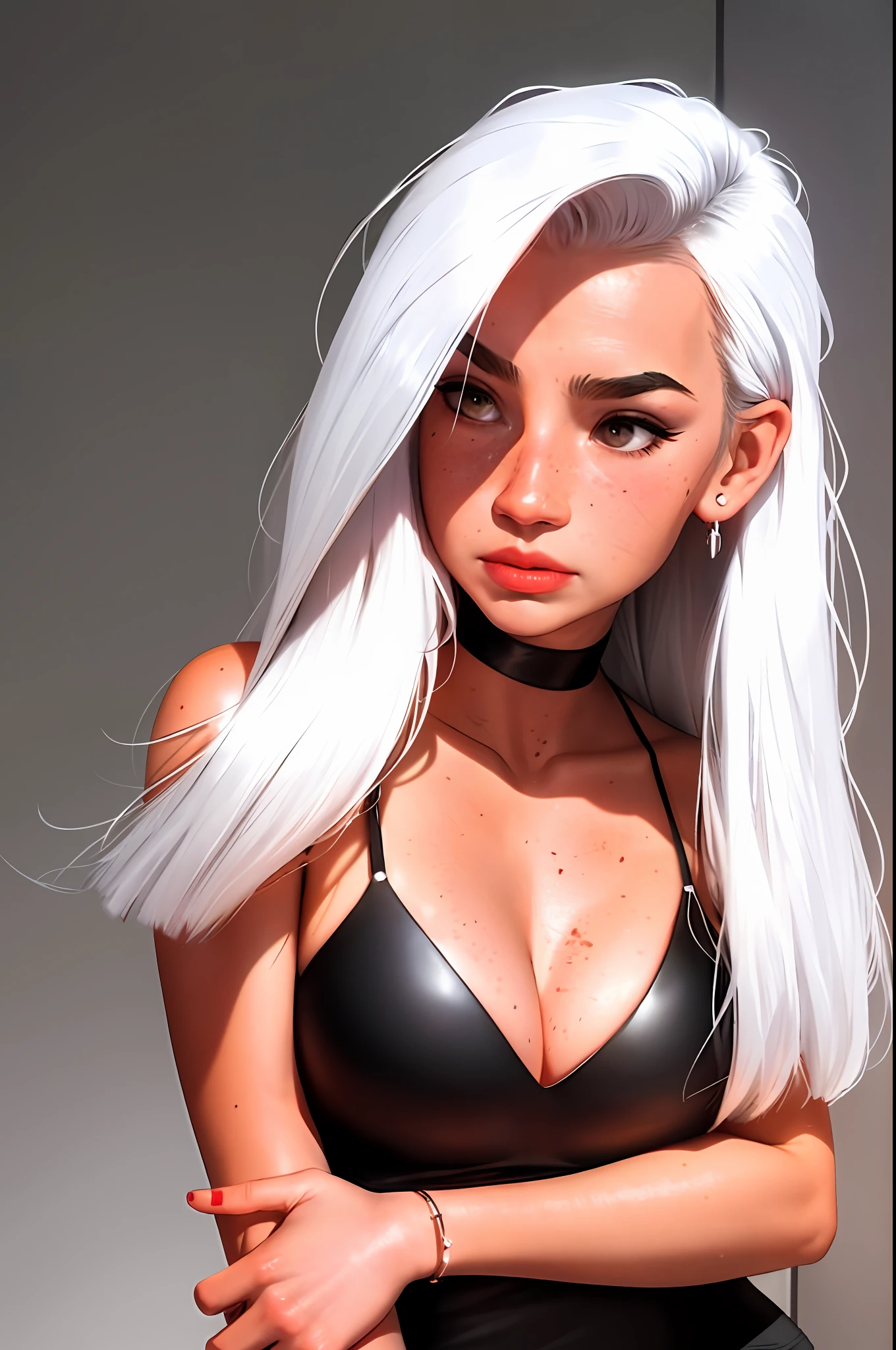 sam yang,
1girl, backlighting, bare shoulders, black choker, blurry, blurry background, blush, breasts, choker, cleavage, closed mouth, collarbone, earrings, forehead, freckles, hair over shoulder, jewelry, long hair, looking down, pointy nose, red lips, shadow, solo, thick eyebrows, thick eyelashes, upper body, white hair
, ((masterpiece))