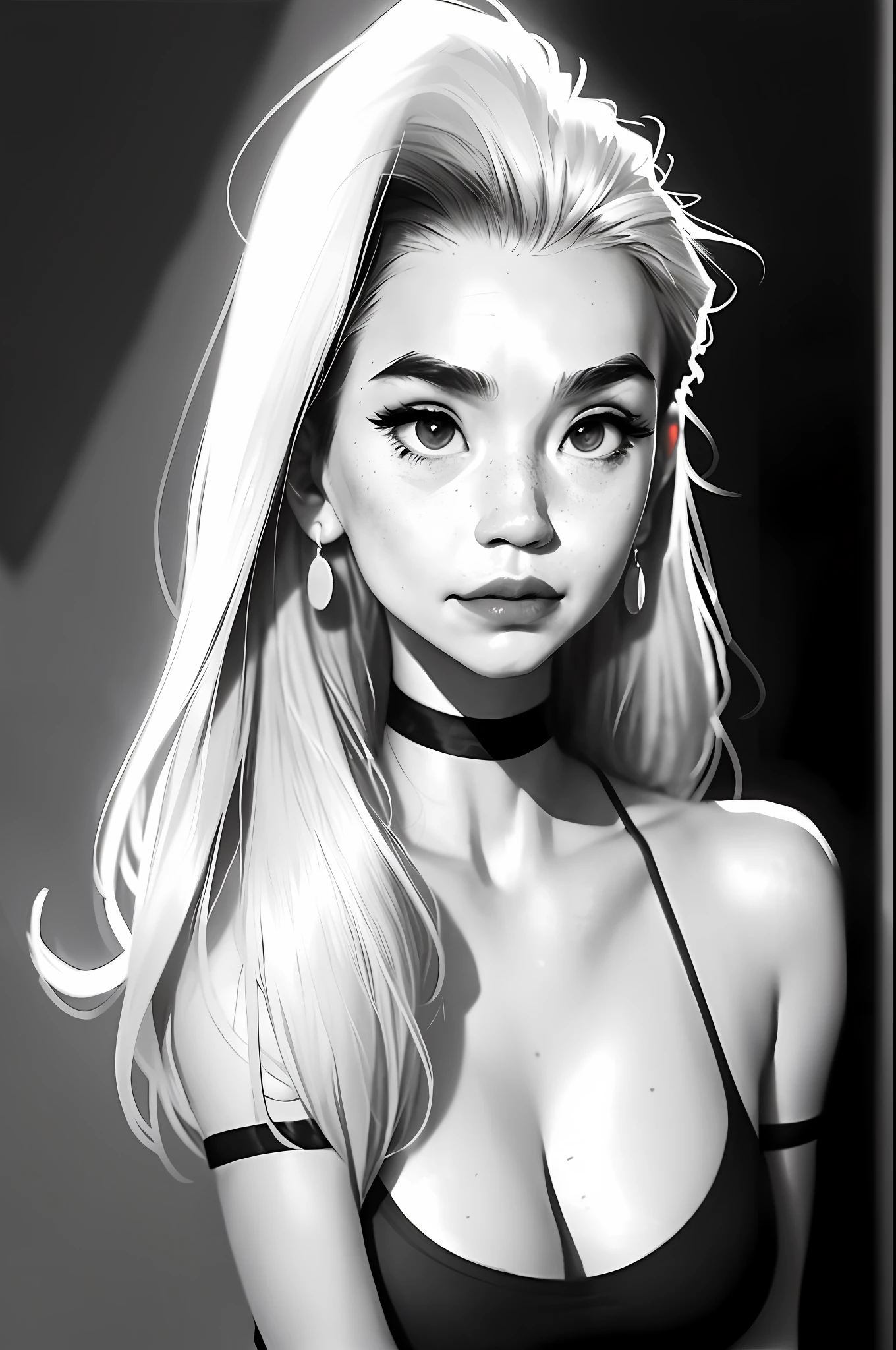 sam yang,
1girl, backlighting, bare shoulders, black choker, blurry, blurry background, blush, , choker, cleavagd mouth, collarbone, earrings, forehead, freckles, hair over shoulder, jewelry, long hair, looking down, pointy nose, red lips, shadow, solo, thick eyebrows, thick eyelashes, upper body, white hair
, ((masterpiece))