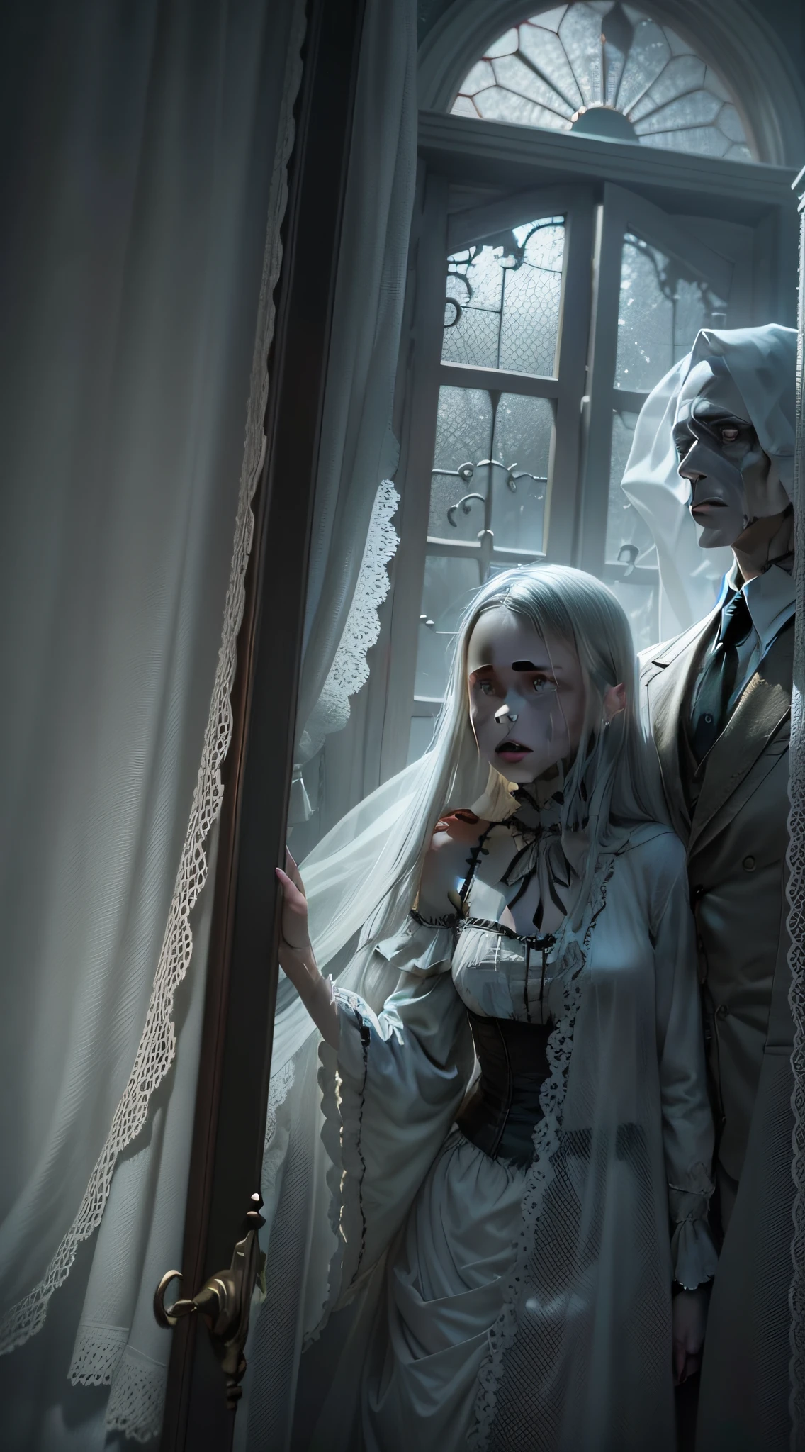 Create a terrifying image, showing a haunted house surrounded by sinister ghosts. Use dark, atmospheric lighting to highlight the mood of terror. Add ethereal figures floating around the house, with creepy expressions and translucent bodies. Highlight the macabre details of the home's architecture, such as broken windows and creaking doors. Like, share and face your biggest fears when you come across the ghosts haunting the house!