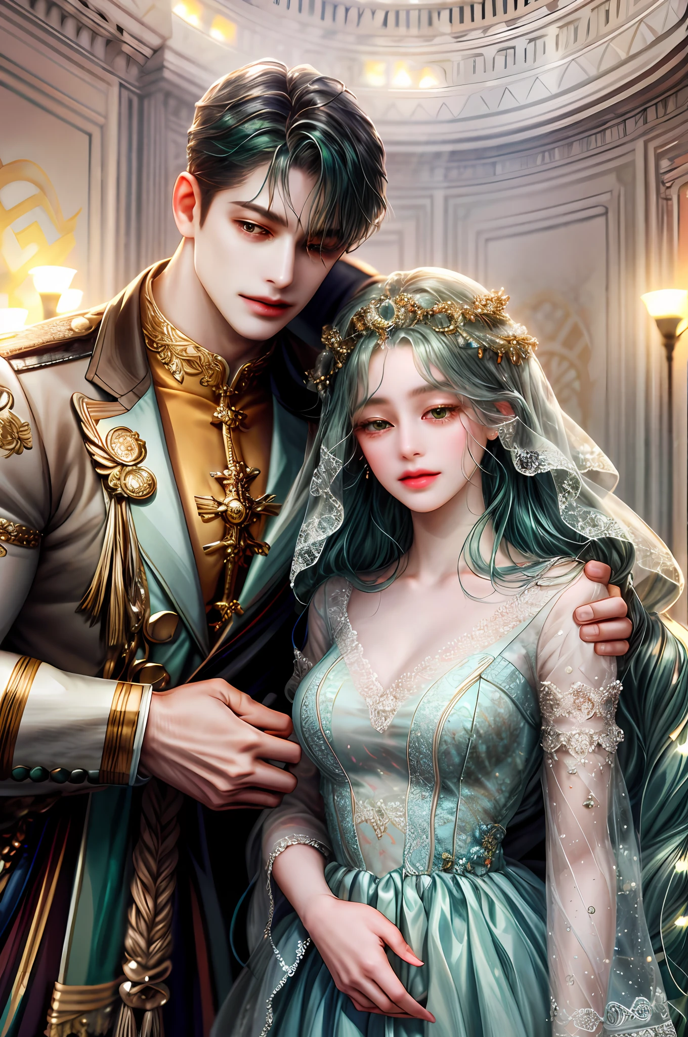 ( High quality , ultra detailed, careful with hand )Zodiac - Virgo goddess , similar to latin goodness , Efficient, industrious, calm, altruistic, adaptable face , Highly sensitive, over-critical, materialistic style , deep brown eyes (eyes detail) , mist-green hair , transparent dress , in the ballroom with partner , height difference , whole body , like a earth goddess.