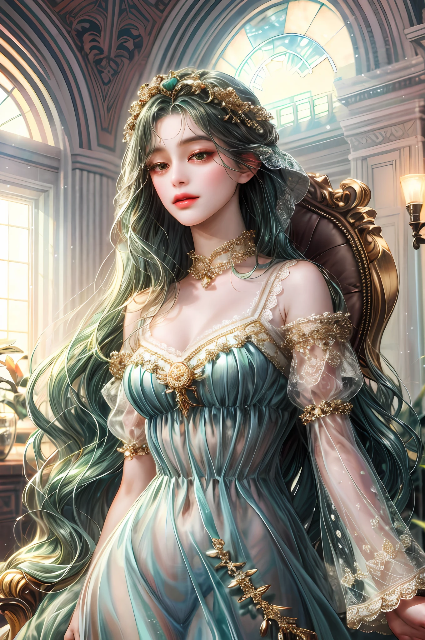 ( High quality , ultra detailed, careful with hand )Zodiac - Virgo goddess , similar to latin goodness , Efficient, industrious, calm, altruistic, adaptable face , Highly sensitive, over-critical, materialistic style , deep brown eyes (eyes detail) , mist-green hair , transparent dress , in the ballroom with partner , height difference , whole body , like a earth goddess.