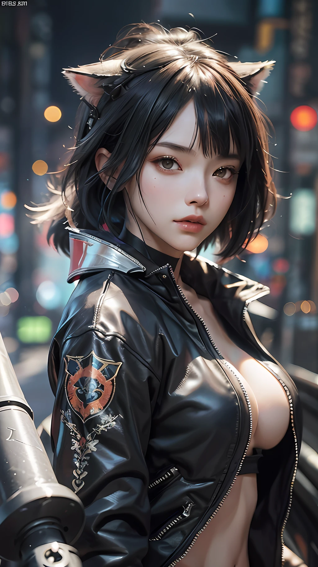 Beautiful photorealistic photograph of beautiful nekomata catgirl wearing tech jacket and assorted cyberpunk clothing and paraphernalia, fringe cut bangs hairstyle, huge breasts, dynamic pose, cyberpunk street background, perfect ratio proportions, abstract beauty, approaching perfection, pure form, concept art, by Brian Froud and Carne Griffiths and Wadim Kashin and John William Waterhouse, intricate details, 8k post production, high resolution, hyperdetailed, trending on artstation, sharp focus, studio photo, intricate details, highly detailed, by greg rutkowski