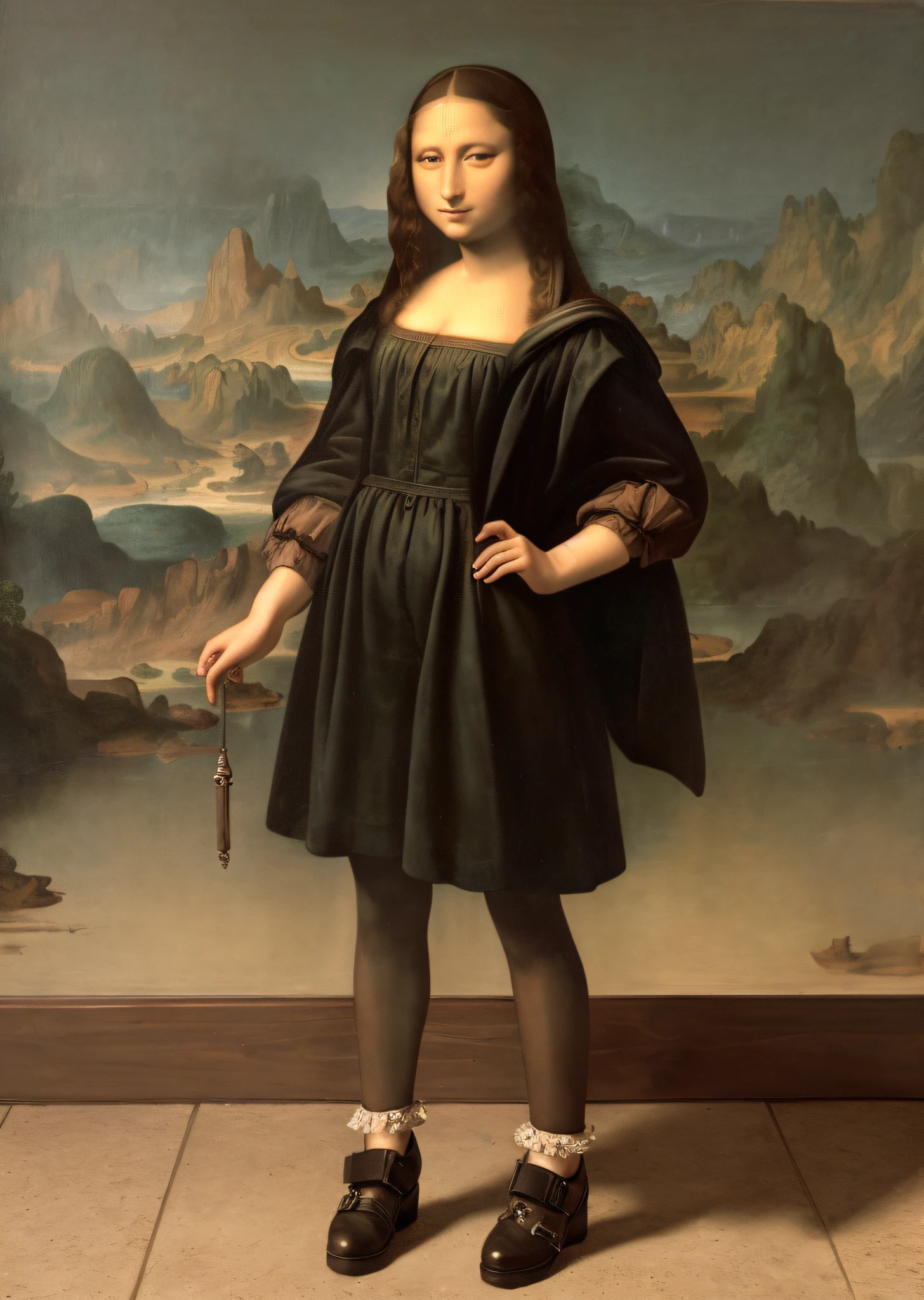 Mona Lisa dressed in sanitation overalls,, gentle expression, full body portrait, shoes, catwalk, masterpiece, highest quality, high quality, highly detailed CG unit 8k wallpaper, award winning photo, bokeh, depth of field, HDR, flood, chromatic aberration, realistic, very detailed, art station trend, CGsociety trend, complex, high detail, dramatic, midway art, volumetric lighting