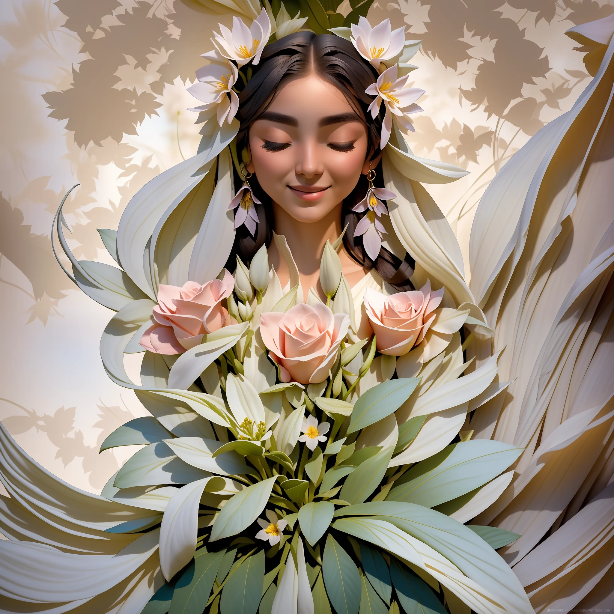 In a fragrant garden, the blind woman is standing with her arms outstretched, gently touching the petals of the flowers she finds. Her fingers explore the delicate texture of the petals, while her face lights up with a smile of gratitude. She feels the gentle breeze caress her skin, while the scent of the flowers fills her senses. She connects with nature in an intimate and deep way, finding beauty and inspiration in every detail despite the absence of vision.