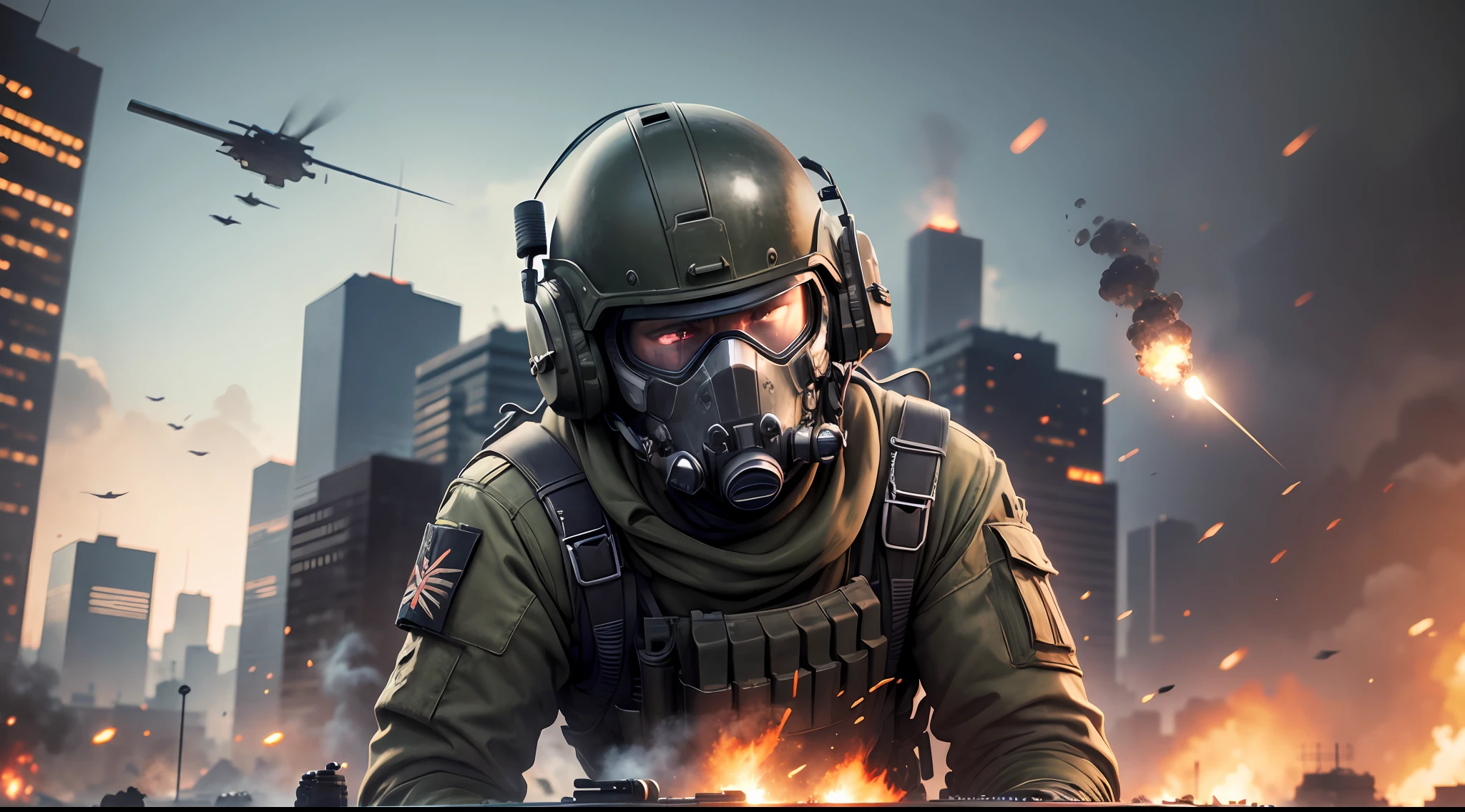 battlefield war , shooter man in first person , ultra realistic , full 4k , tanks , dystophian , city zombie in flames --auto --s2