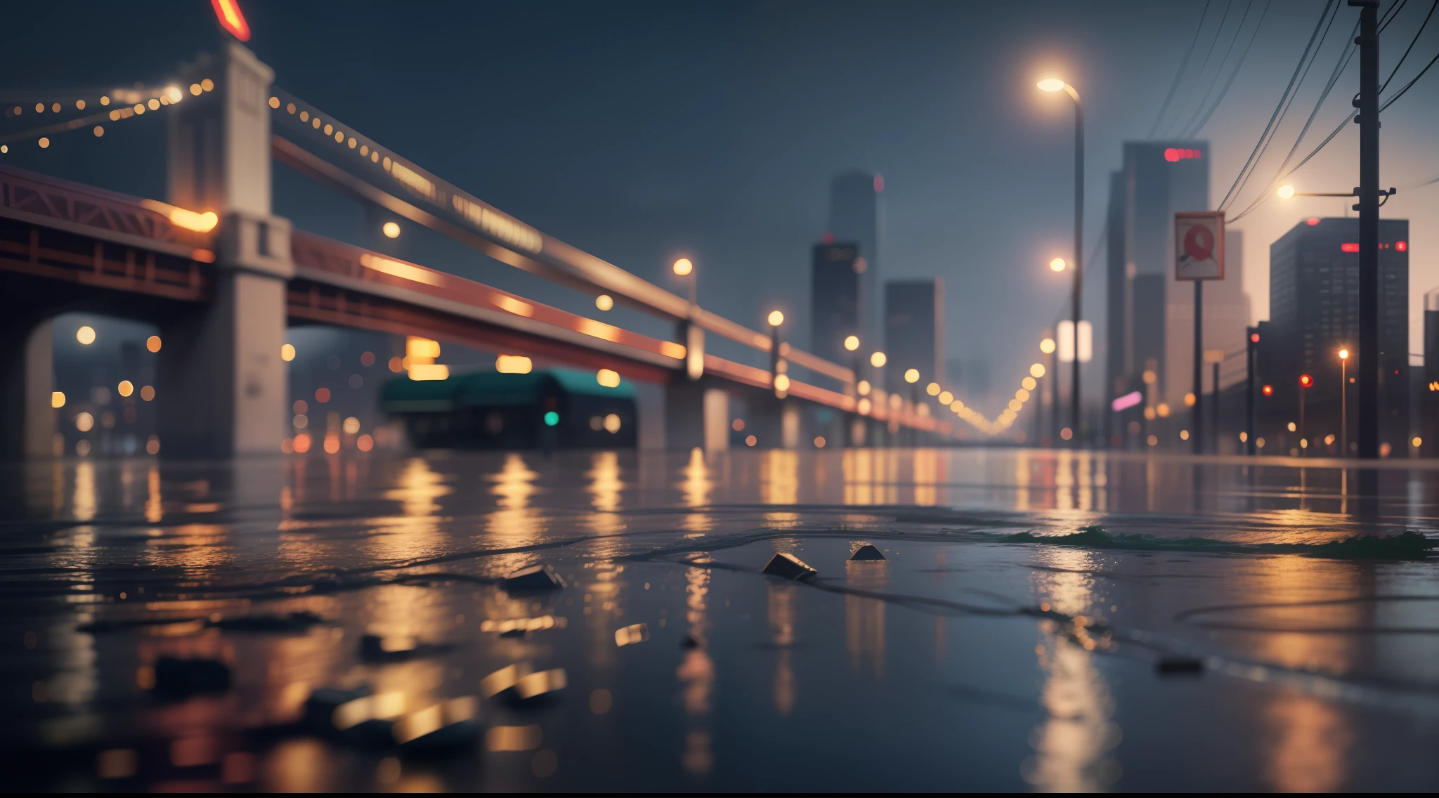 city flood, realistic image, lights, lighting, high details, 8k, high-quality:: dof, --ar 2:1