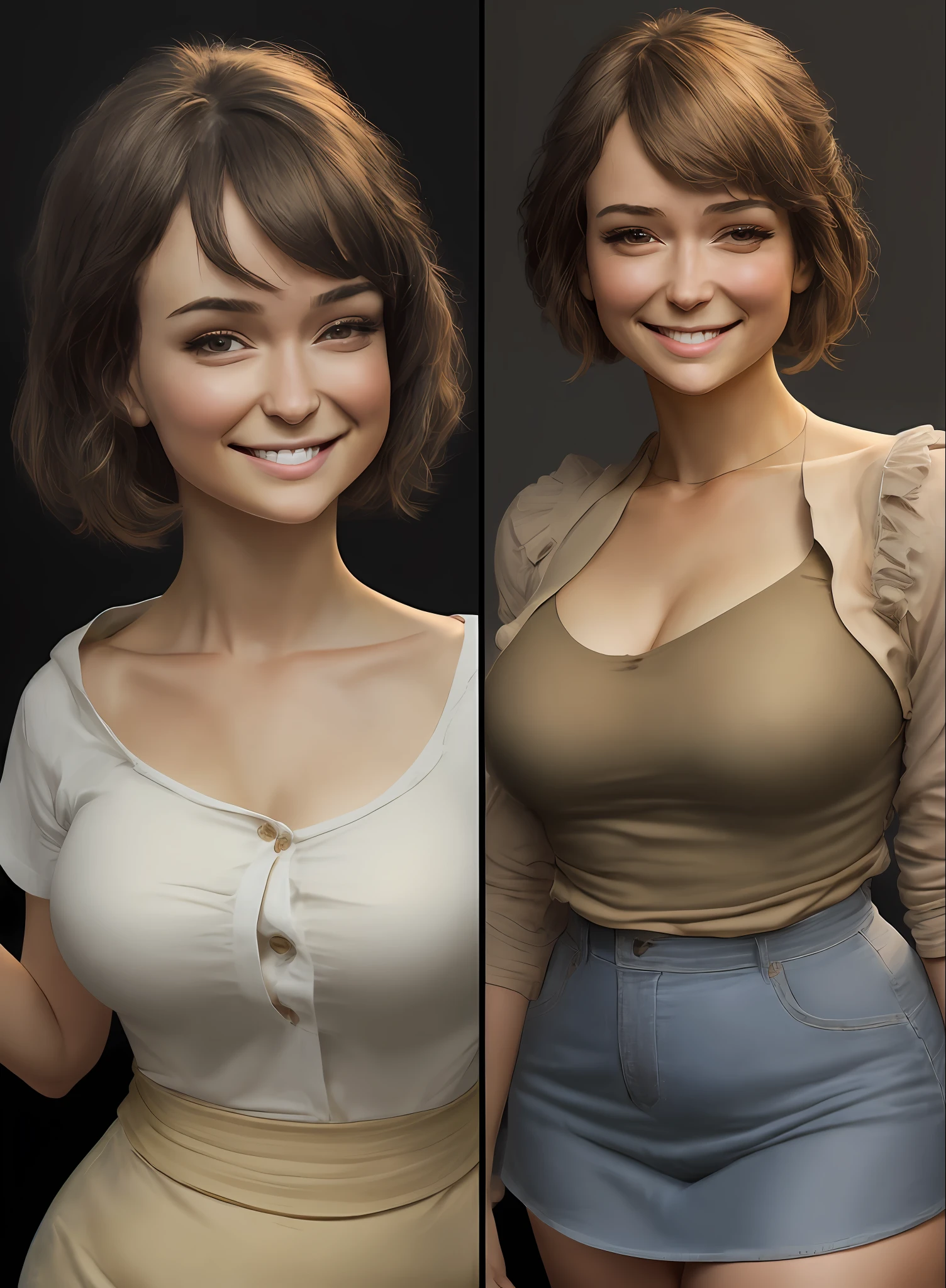(masterpiece), realistic, (27yr old female), beautiful face, wearing a Simple beige shirt and denim skirt, studio lighting, cinematic light, beautiful woman, beautiful black eyes, milk beige middle hair, perfect anatomy, very cute smile, princess eyes , (black eyes), (head frame), center image, style, bioluminescent, 8 life size, 8k Resolution, human hands, curiously complete, elegant, close to perfection, dynamic, highly detailed, character sheet, concept art, smooth, positioned so that their bodies are symmetrical and balanced directly towards the viewer, amazing Incredibly beautiful 20-something japanese girl, detailed hairstyles,