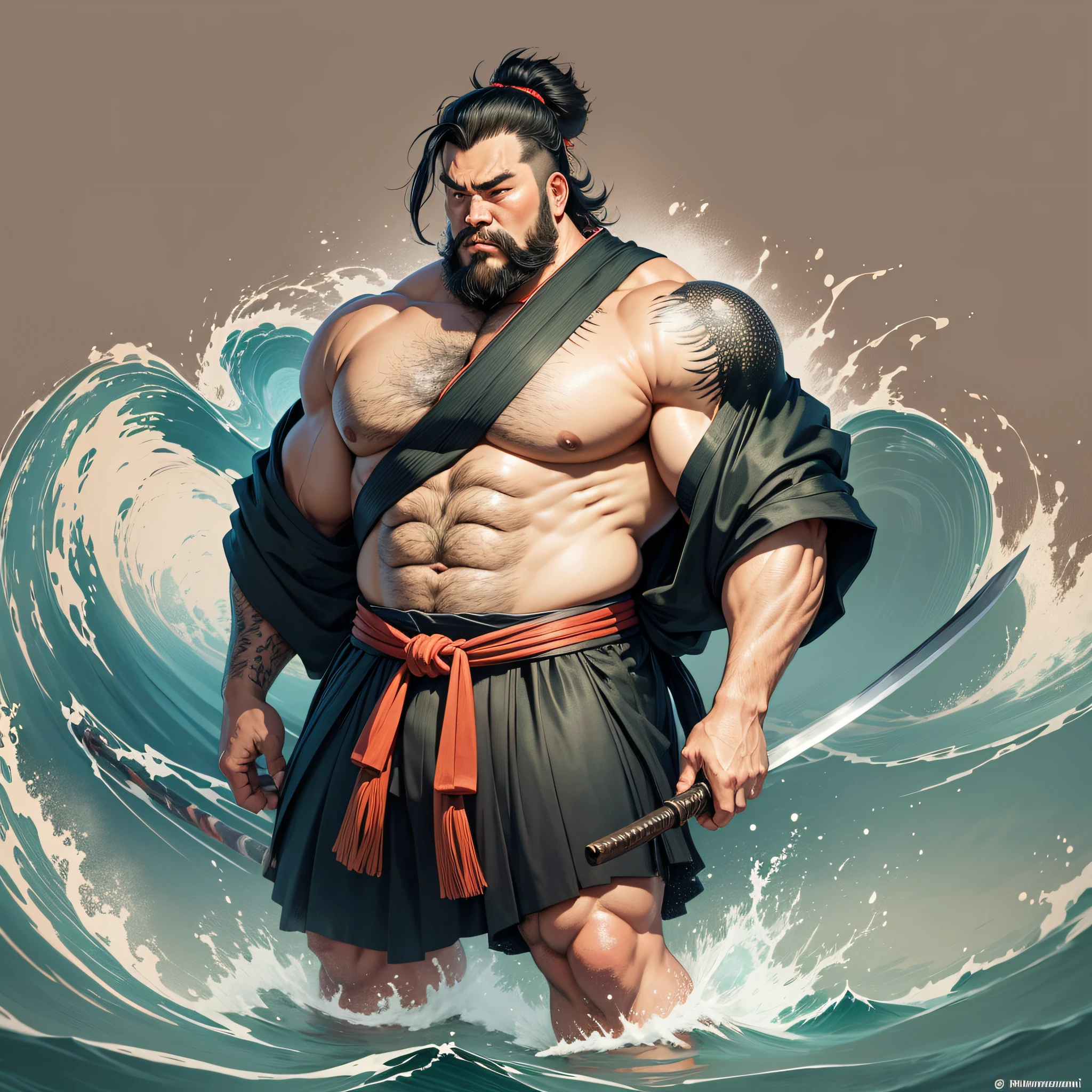 It is a full-body painting with natural colors with line drawings in the style of ukiyo-e. A Japan samurai with a large body like a strongman, no body hair, no tattoos. He has a handsome and rough look on his face, with short black hair and a short, trimmed beard. His upper body should be drawn in a black kimono, with a knee-length hakama in a flowing shape that flutters in the wind. Japan holding a sword in his right hand. Standing in the rough waters of the masterpiece's high-resolution ukiyo-e style at the highest quality