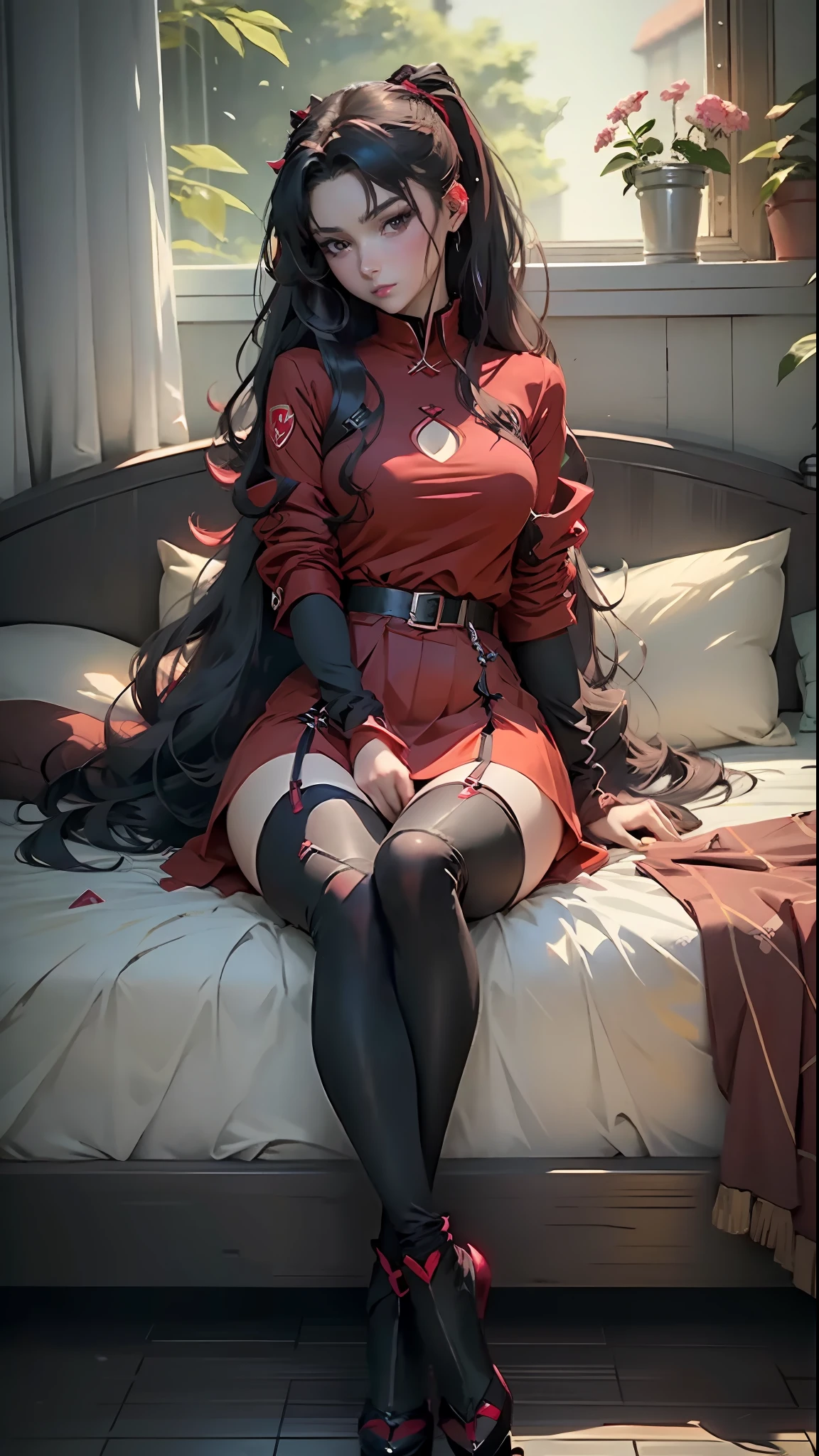 a woman in a red shirt and black stockings is sitting on a bed, rin tohsaka, seductive anime girl, beautiful alluring anime woman, beautiful alluring anime teen, attractive anime girl, marin kitagawa fanart, an anime girl, full body xianxia, anime girl with long hair, female anime character, (anime girl)
