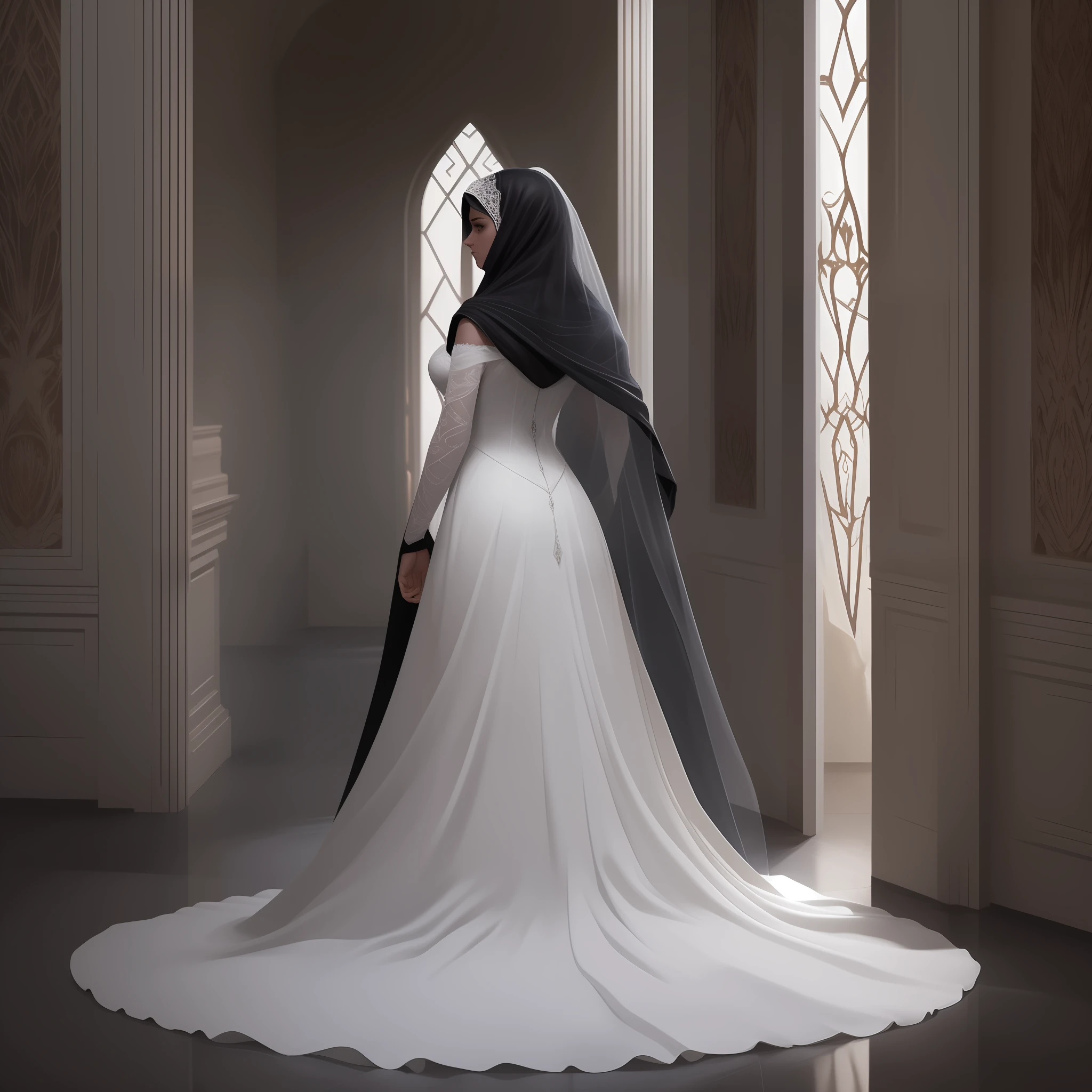 It was a dark night when a mysterious woman, wearing a white veil that contrasted with her grim gaze, entered that dark, empty room. Her footsteps were silent and determined as she made her way toward the only source of light present: the candle that struggled to keep itself lit.