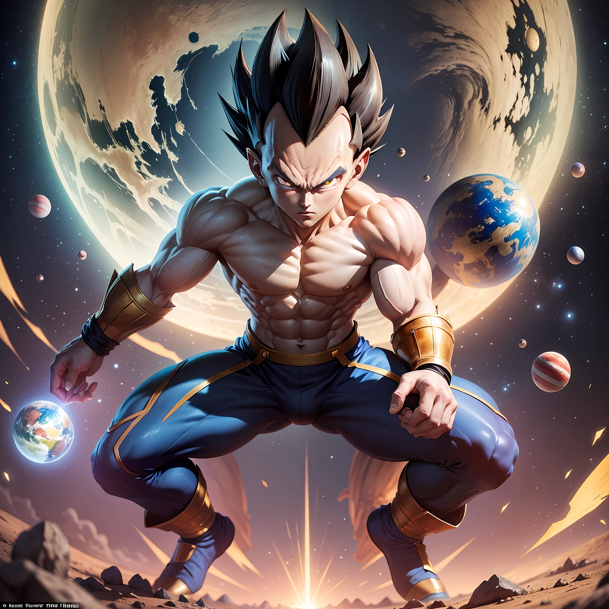 masterpiece, best quality, Vegeta, 1boy, clenched hands, earth (planet), full body, looking at viewer, male focus, tail, planet, red eyes, solo, space --auto --s2