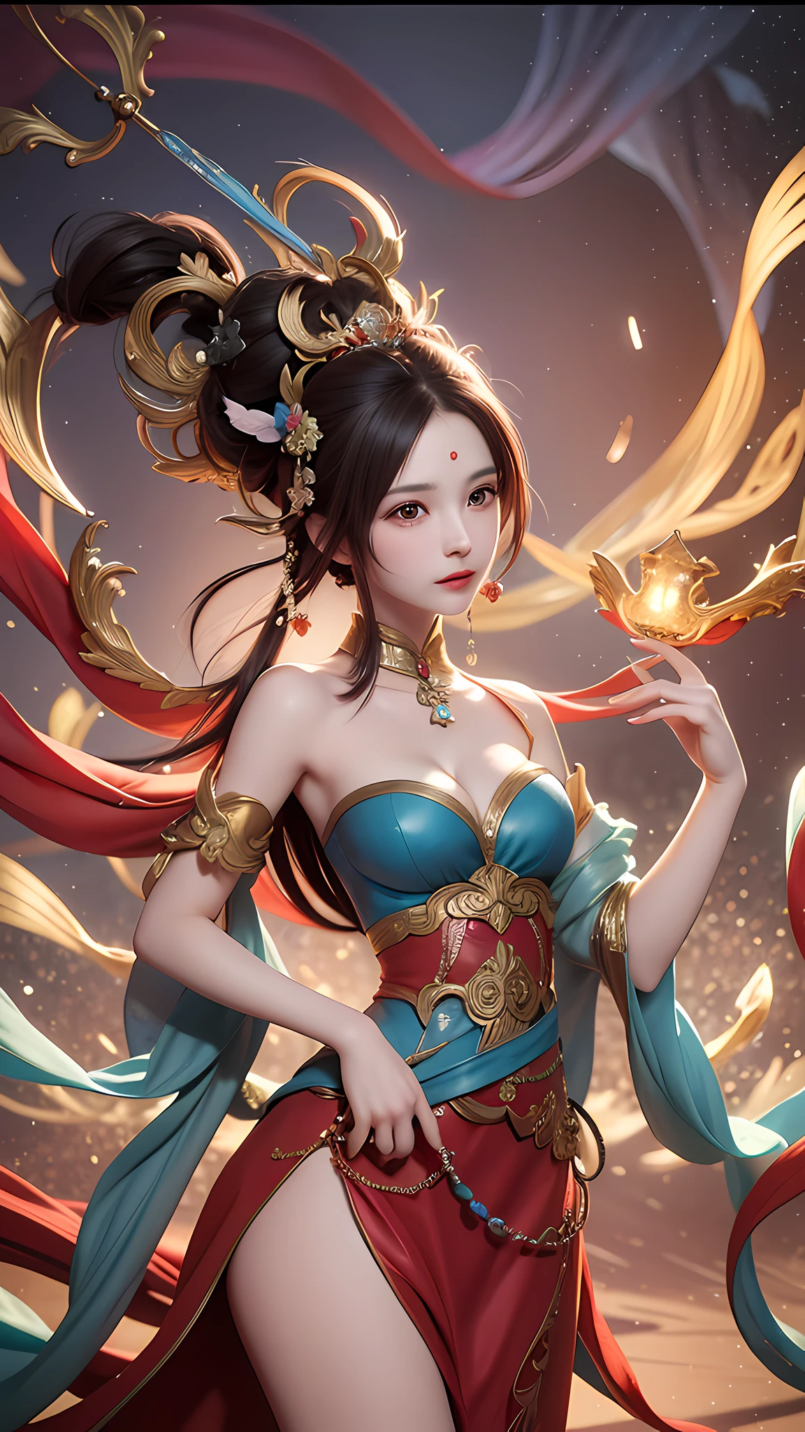 A woman in a red and blue dress, beautiful figure painting, beautiful fantasy queen, art germ and Ruan Jia, art germ style, extremely detailed art germ, by Yang J, inspired by Lan Ying, pop art germ, art germ detailed, fantasy art style, Chinese fantasy, Ruan Jia and art germ