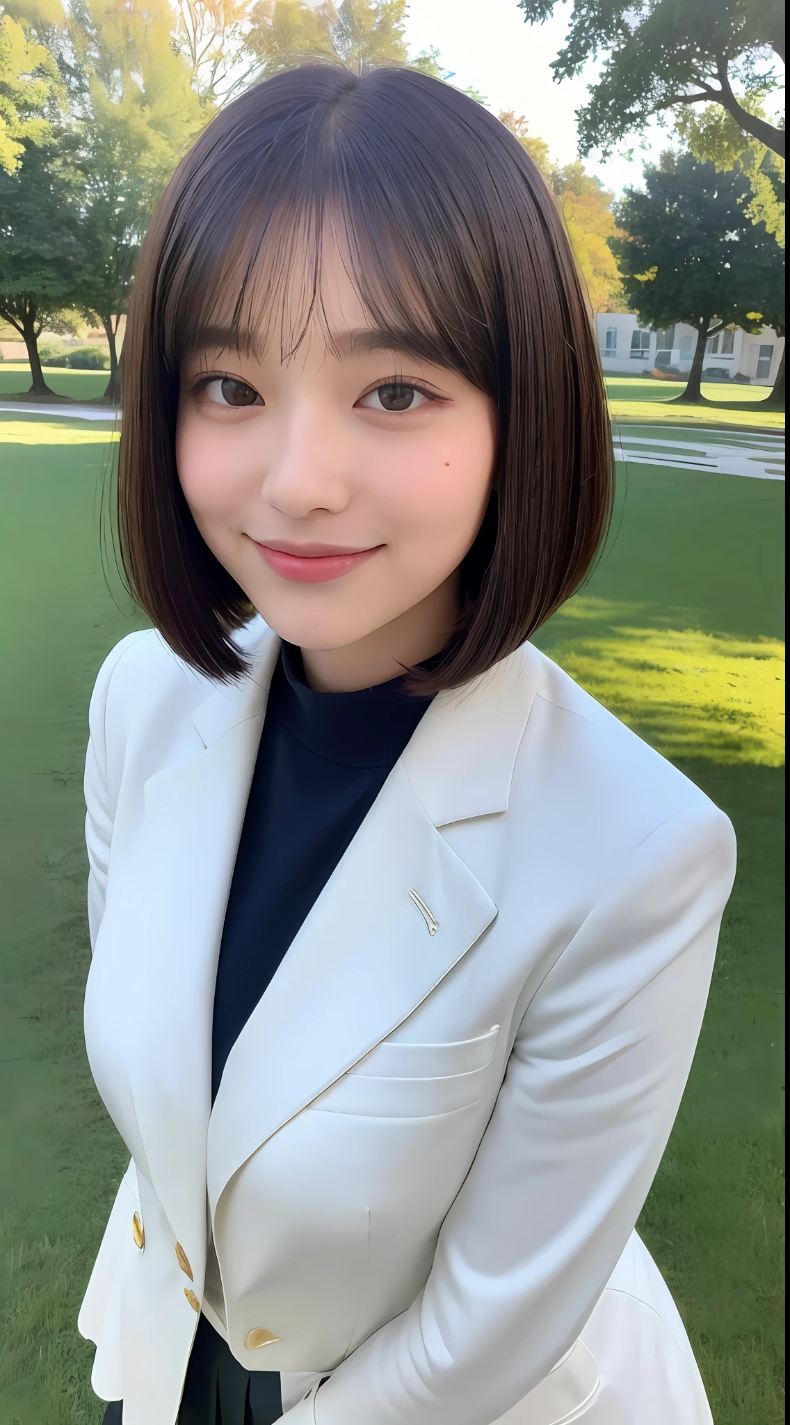 ((top quality, 8k, masterpiece: 1.3)), 1 girl, beautiful woman with plump abs: 1.3, full body, (bob cut, big: 1.1), school uniform: 1.2, super delicate face, delicate eyes, double eyelids, smile, school