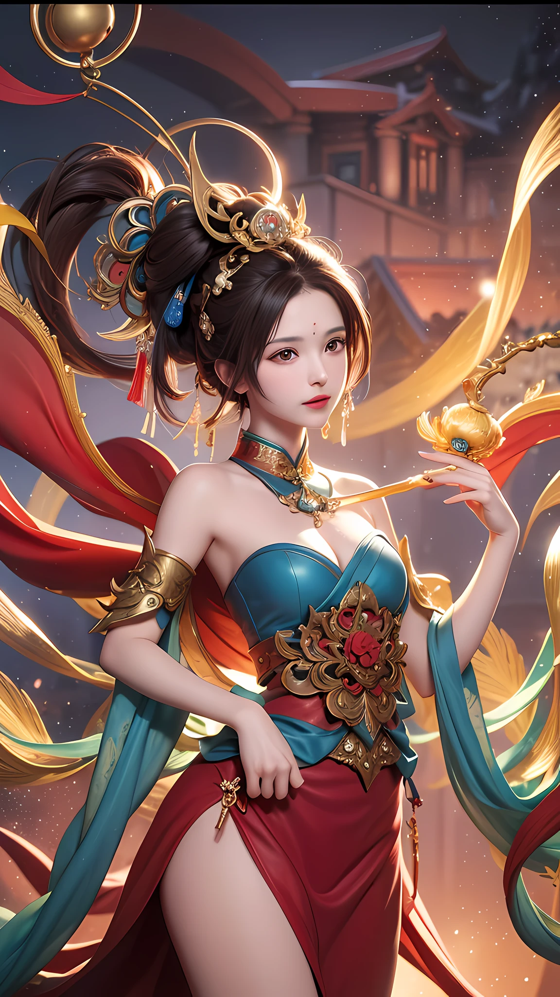 A woman in a red and blue dress, beautiful figure painting, beautiful fantasy queen, art germ and Ruan Jia, art germ style, extremely detailed art germ, by Yang J, inspired by Lan Ying, pop art germ, art germ detailed, fantasy art style, Chinese fantasy, Ruan Jia and art germ