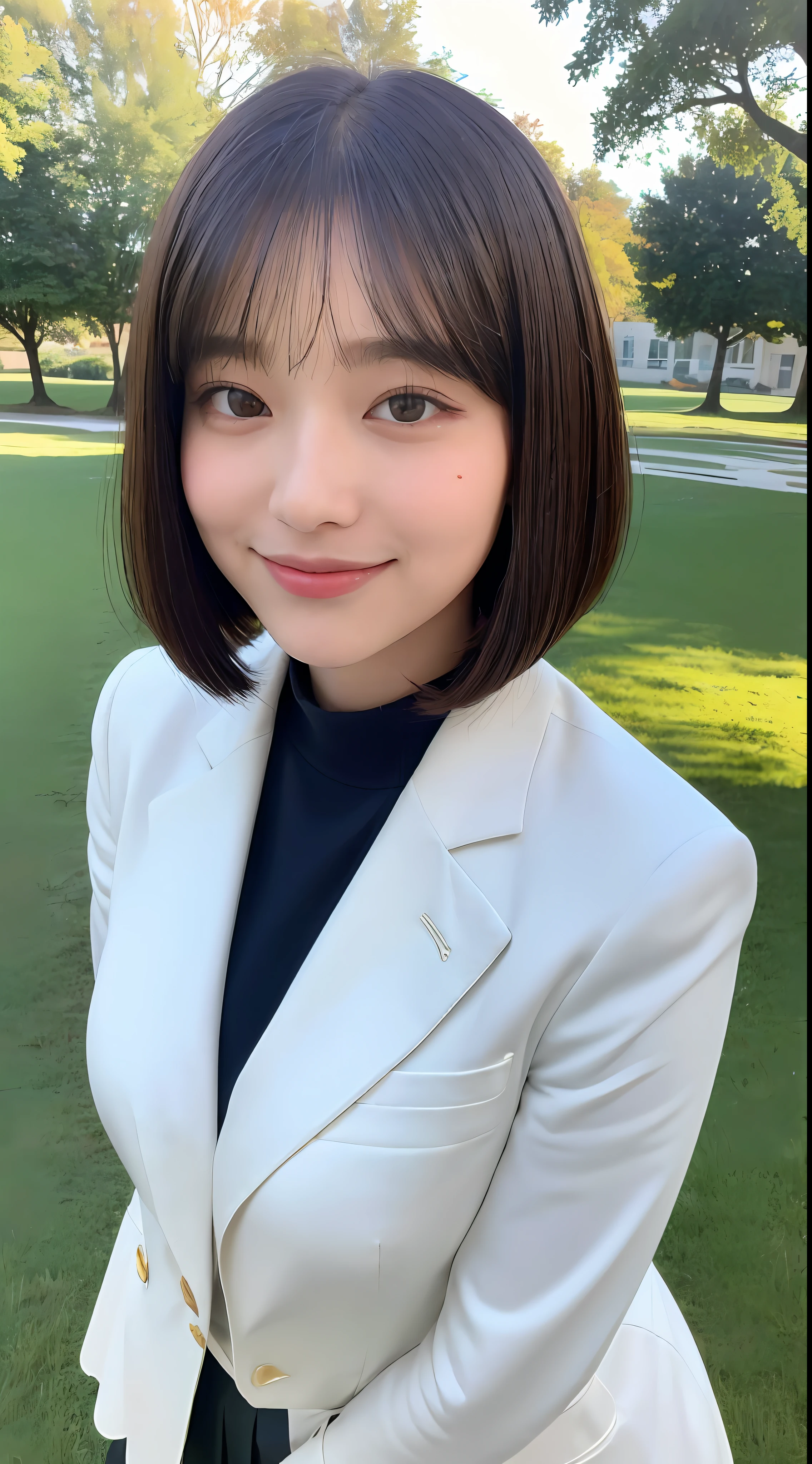 ((top quality, 8k, masterpiece: 1.3)), 1 girl, beautiful woman with plump abs: 1.3, full body, (bob cut, big: 1.1), school uniform: 1.2, super delicate face, delicate eyes, double eyelids, smile, school