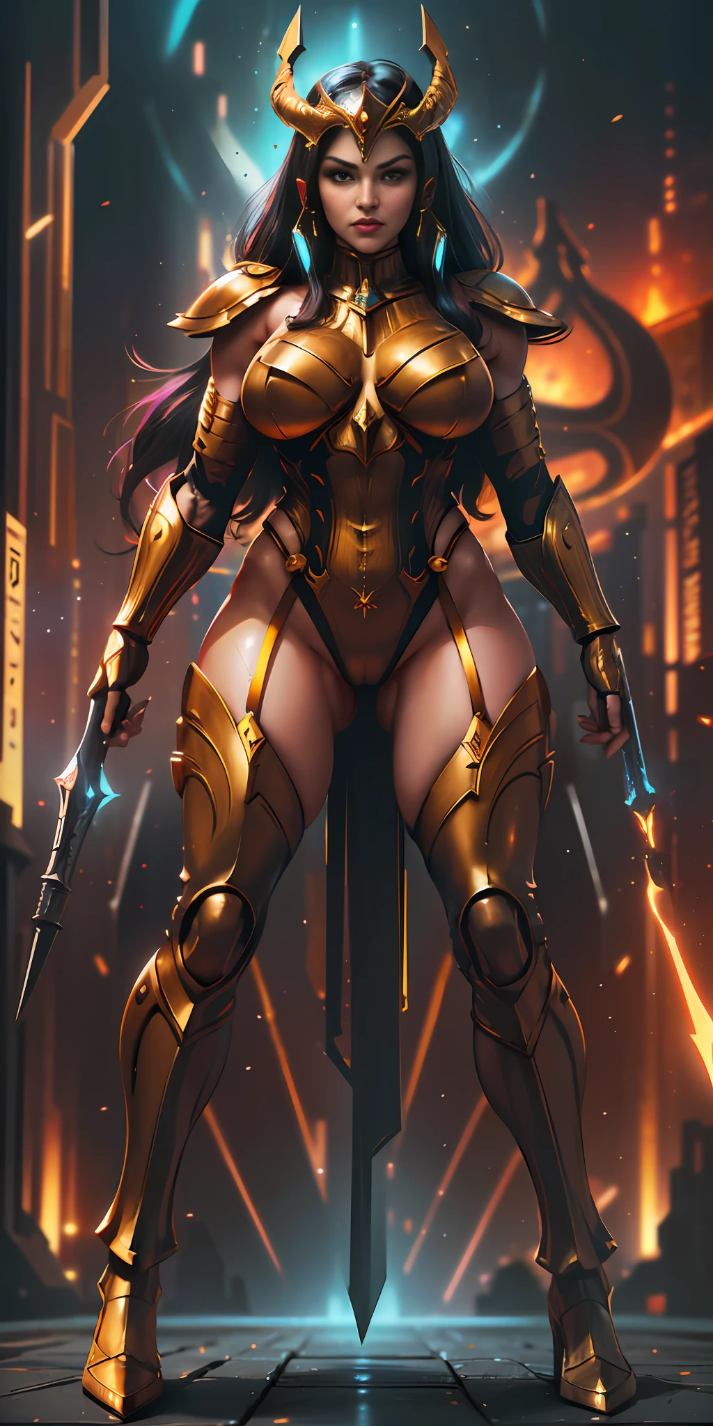 (ultra-detailed CG artwork, best quality, best illumination, best shadow),(Dynamic pose, intense design, impressive, explosive power),(DC Comics),(Big Barda),(Armor and weapons),(Big Barda standing tall and powerful),(Cosmic energy crackling around her),(Vivid color scheme),(Background: red and gold cosmic nebula),(High resolution), (Full body shot),(Volumetric light)