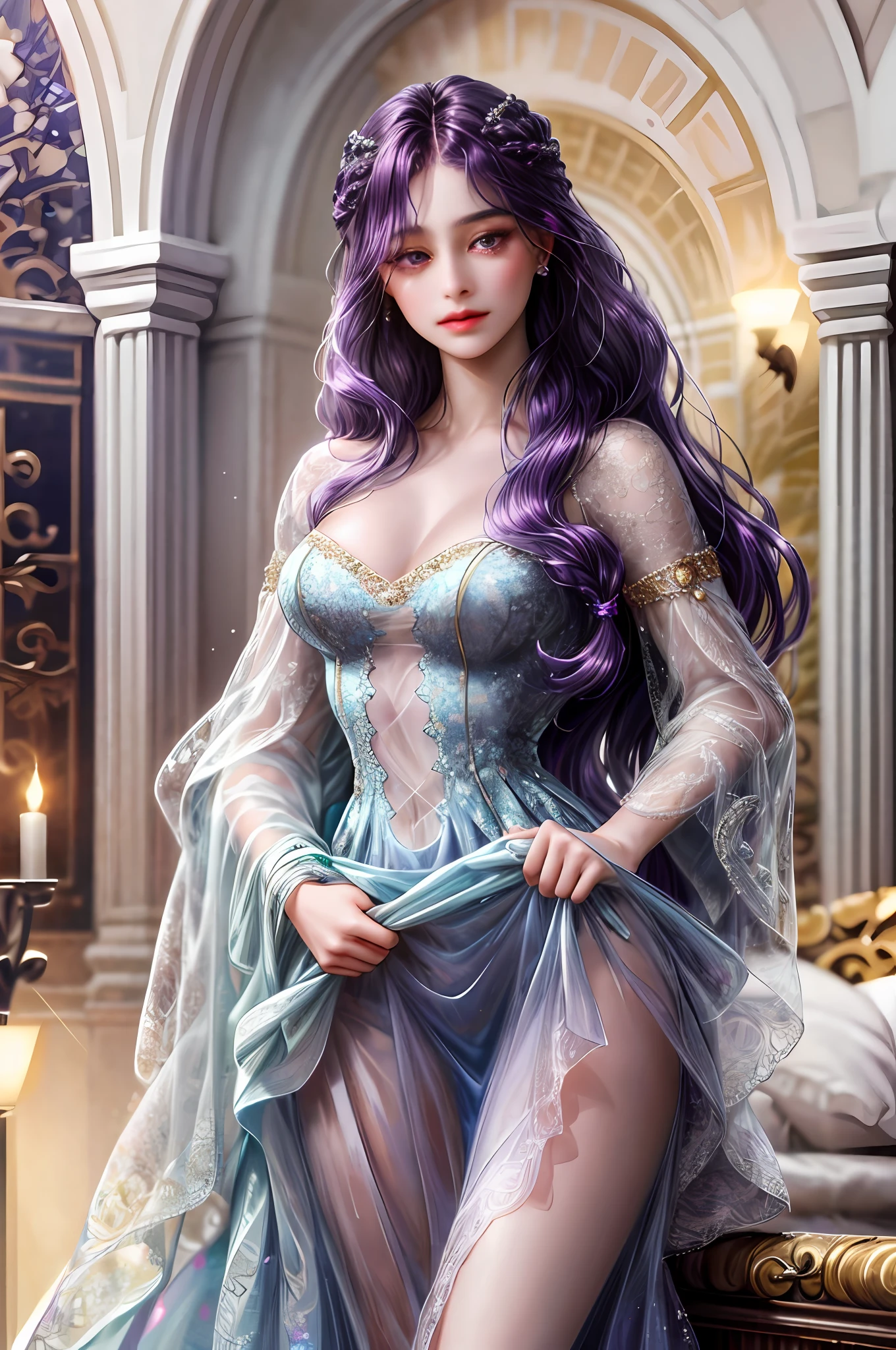 ( High quality , ultra detailed to hand )Zodiac sign-scorpio goddess , similar to latin goodness , cute but sexy and brave face , Emotional, determined, inquisitive, industrious style . deep purple hair , long wavy hair , crystal purple eyes , transparent dress , in the ballroom with partner , height difference , whole body ,